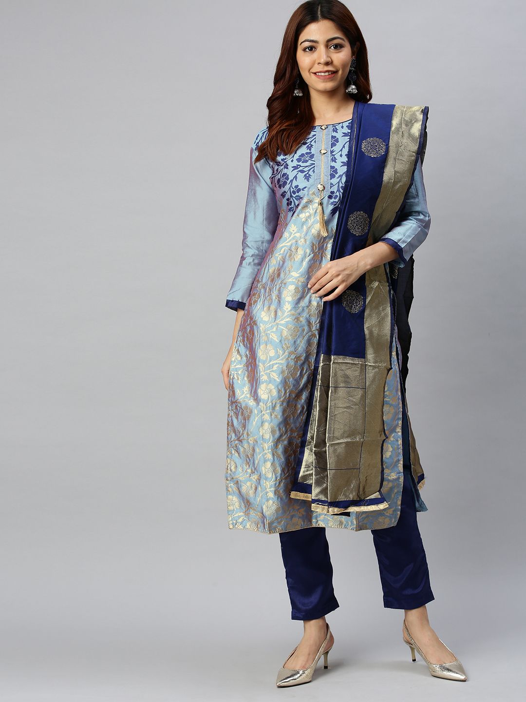 Blissta Blue & Gold-Toned Silk Blend Unstitched Dress Material Price in India