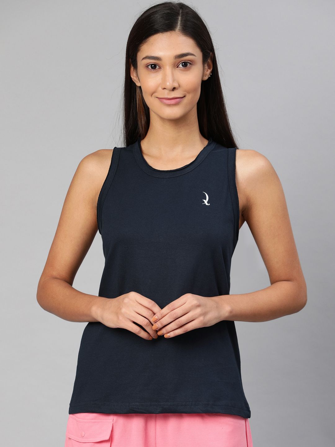 QUARANTINE Women Navy Blue Solid Sleeveless Round Neck Lounge T-shirt Price in India