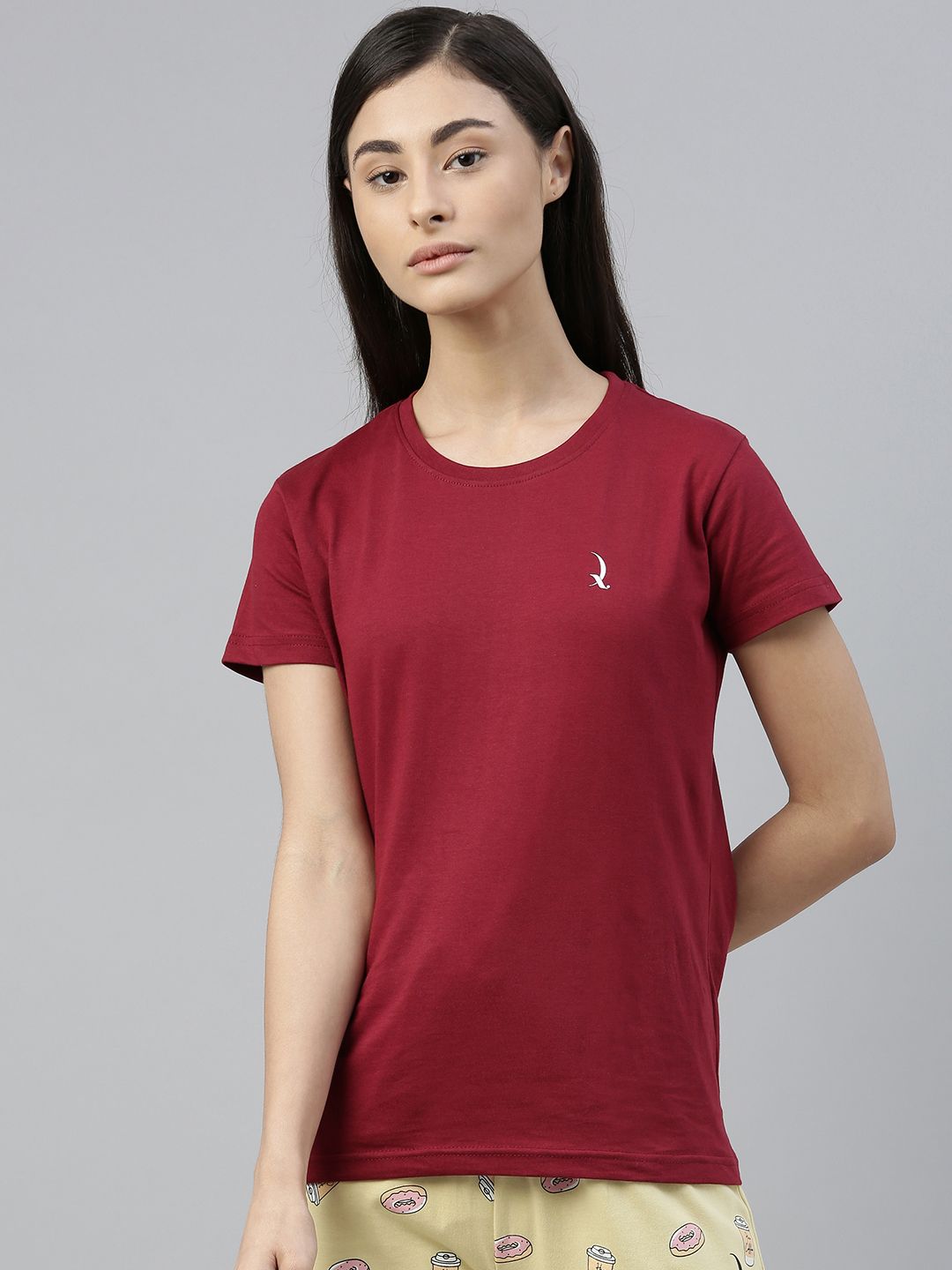 QUARANTINE Women Maroon Solid Round Neck Lounge T-shirt Price in India