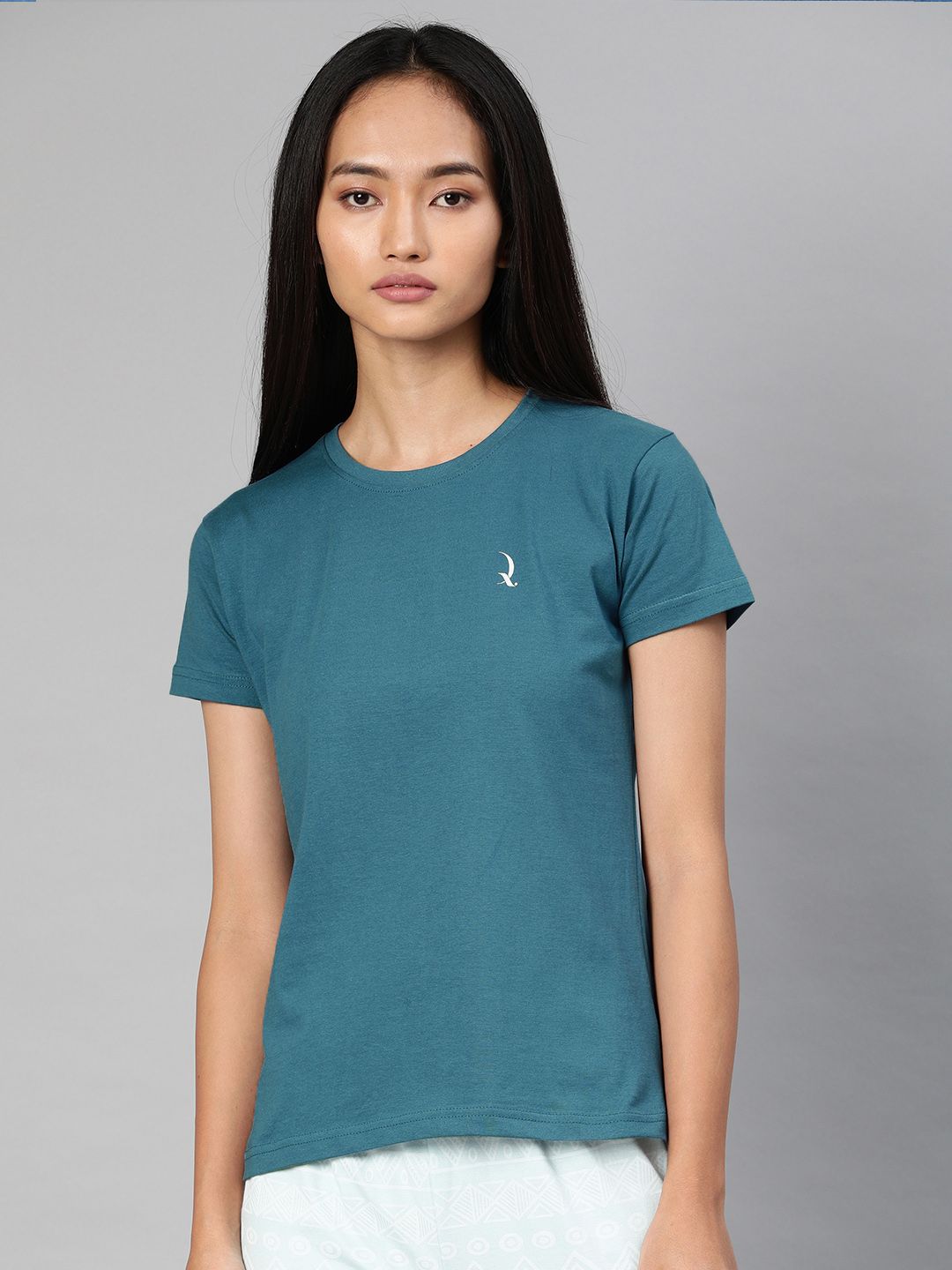 QUARANTINE Women Teal Blue Solid Round Neck Lounge T-shirt Price in India