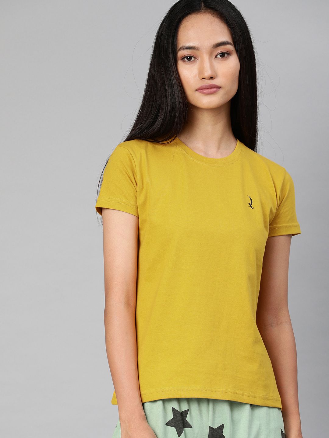 QUARANTINE Women Mustard Yellow Solid Round Neck Lounge T-Shirt Price in India