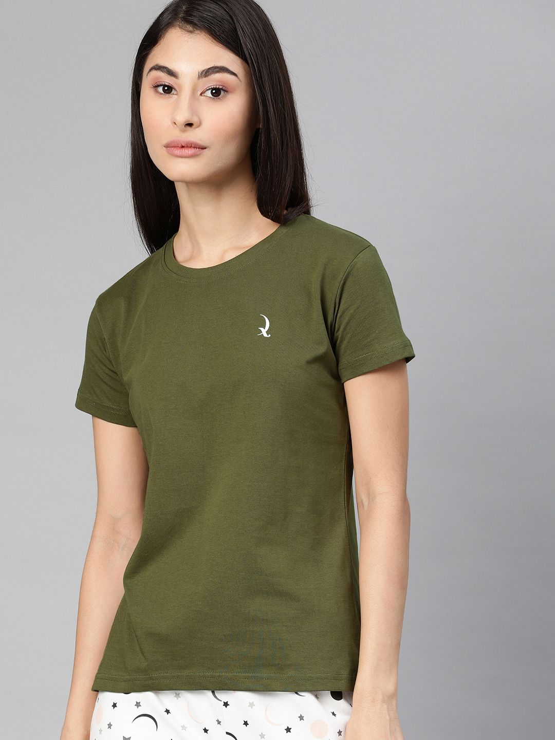 QUARANTINE Women Olive Green Solid Round Neck Lounge T-shirt Price in India