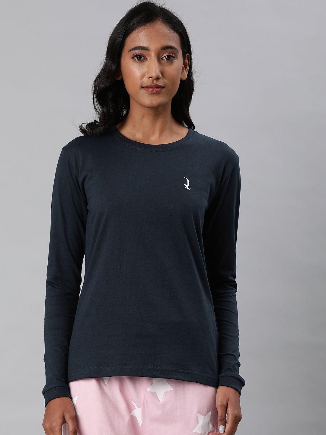 QUARANTINE Women Navy Blue Solid Round Neck Lounge T-shirt Price in India