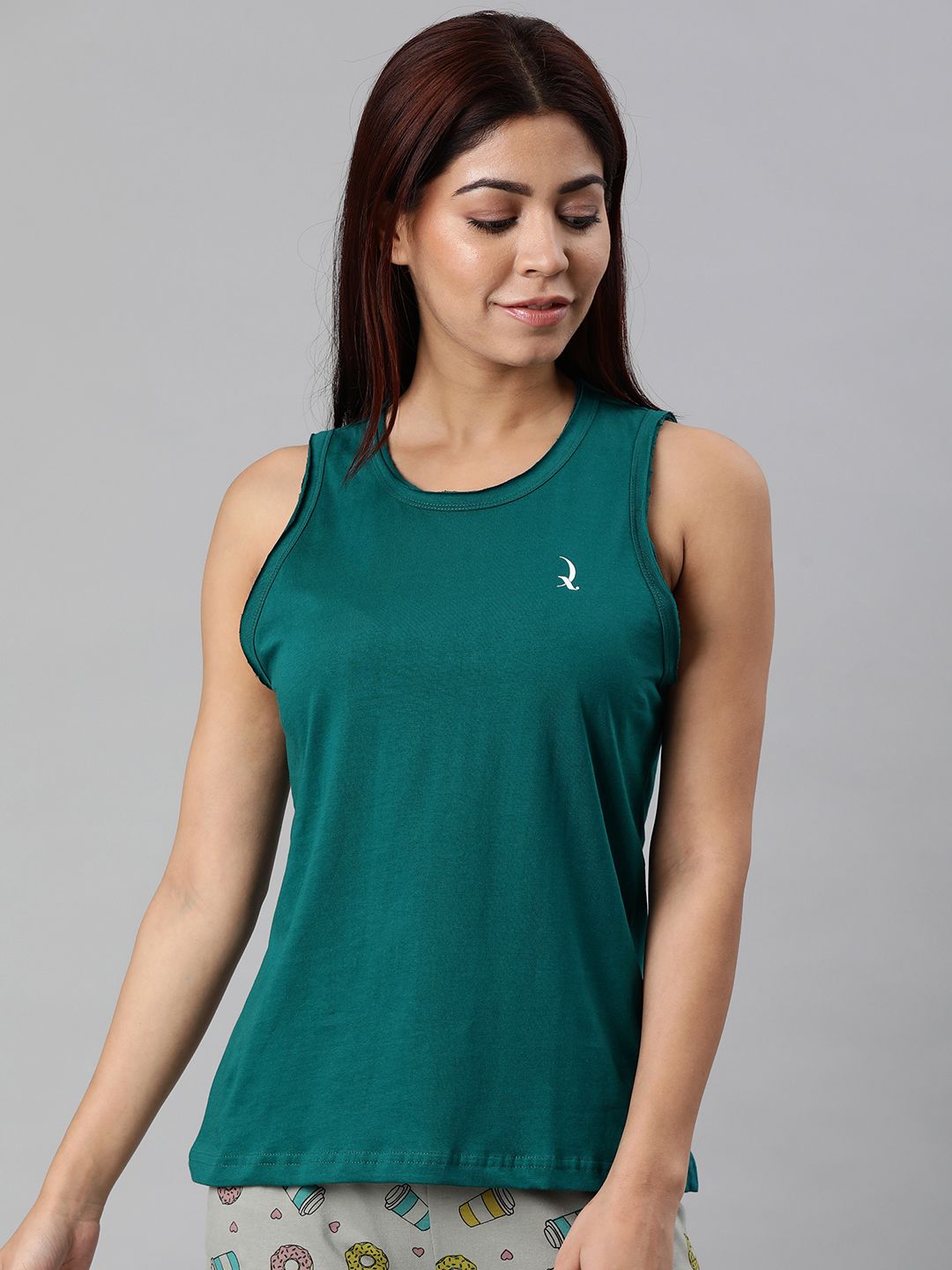 QUARANTINE Women Teal Green Solid Round Neck Lounge T-shirt Price in India