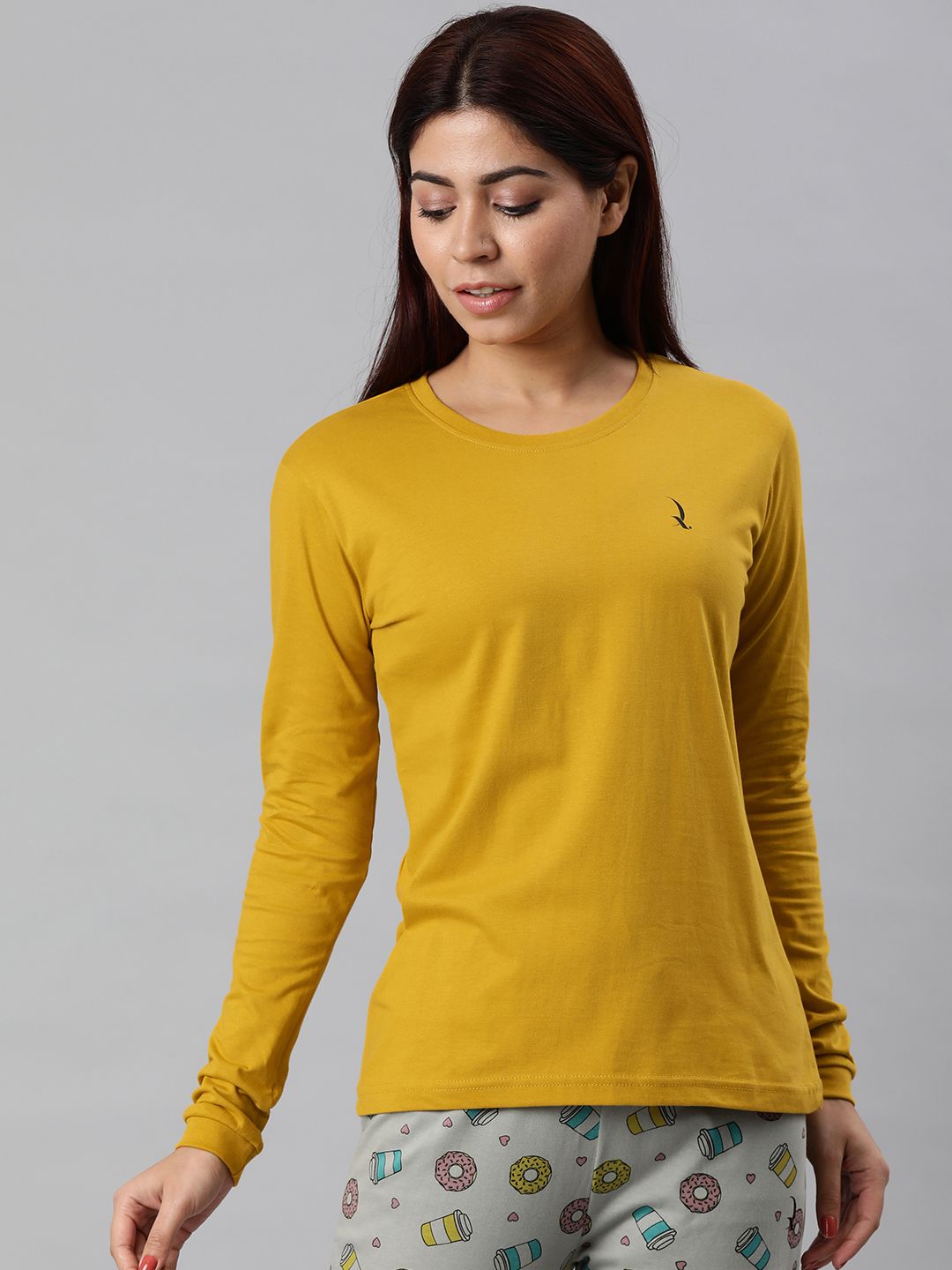 QUARANTINE Women Mustard Yellow Solid Round Neck Lounge T-shirt Price in India