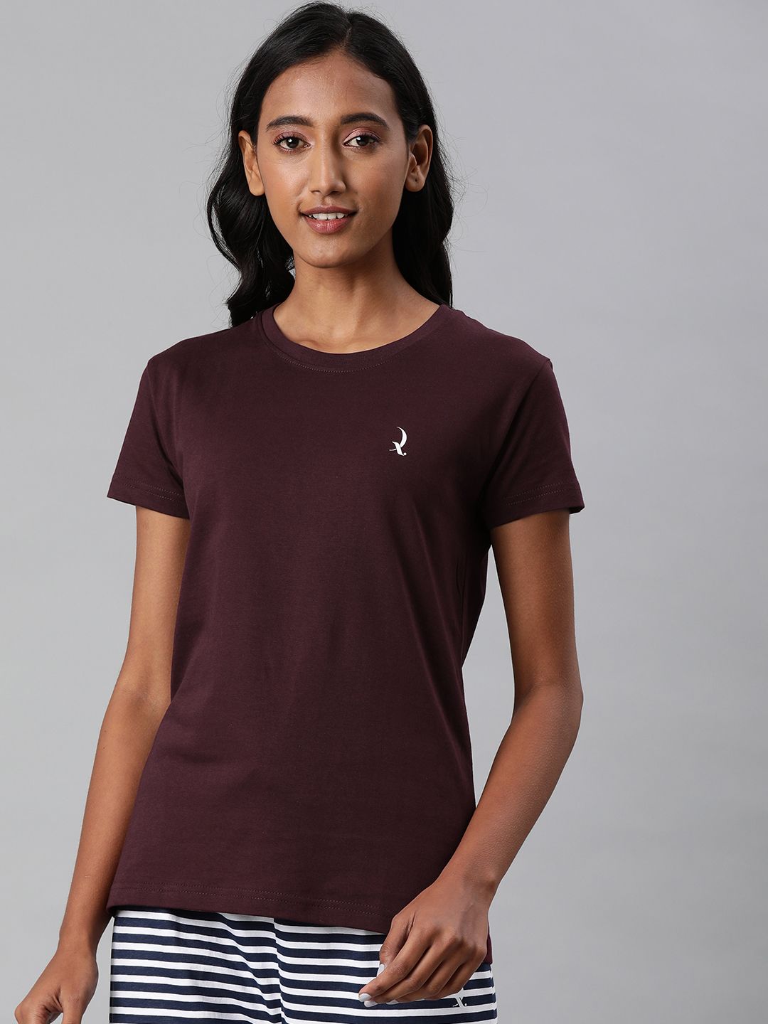 QUARANTINE Women Burgundy Solid Round Neck Lounge T-shirt Price in India