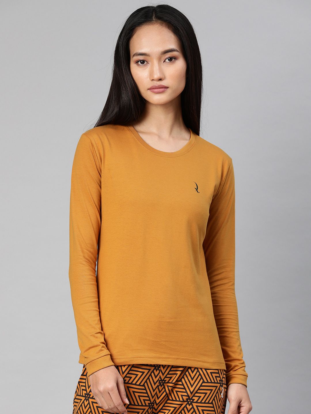 QUARANTINE Women Mustard Yellow with tinge of Brown Solid Round Neck Lounge T-shirt Price in India