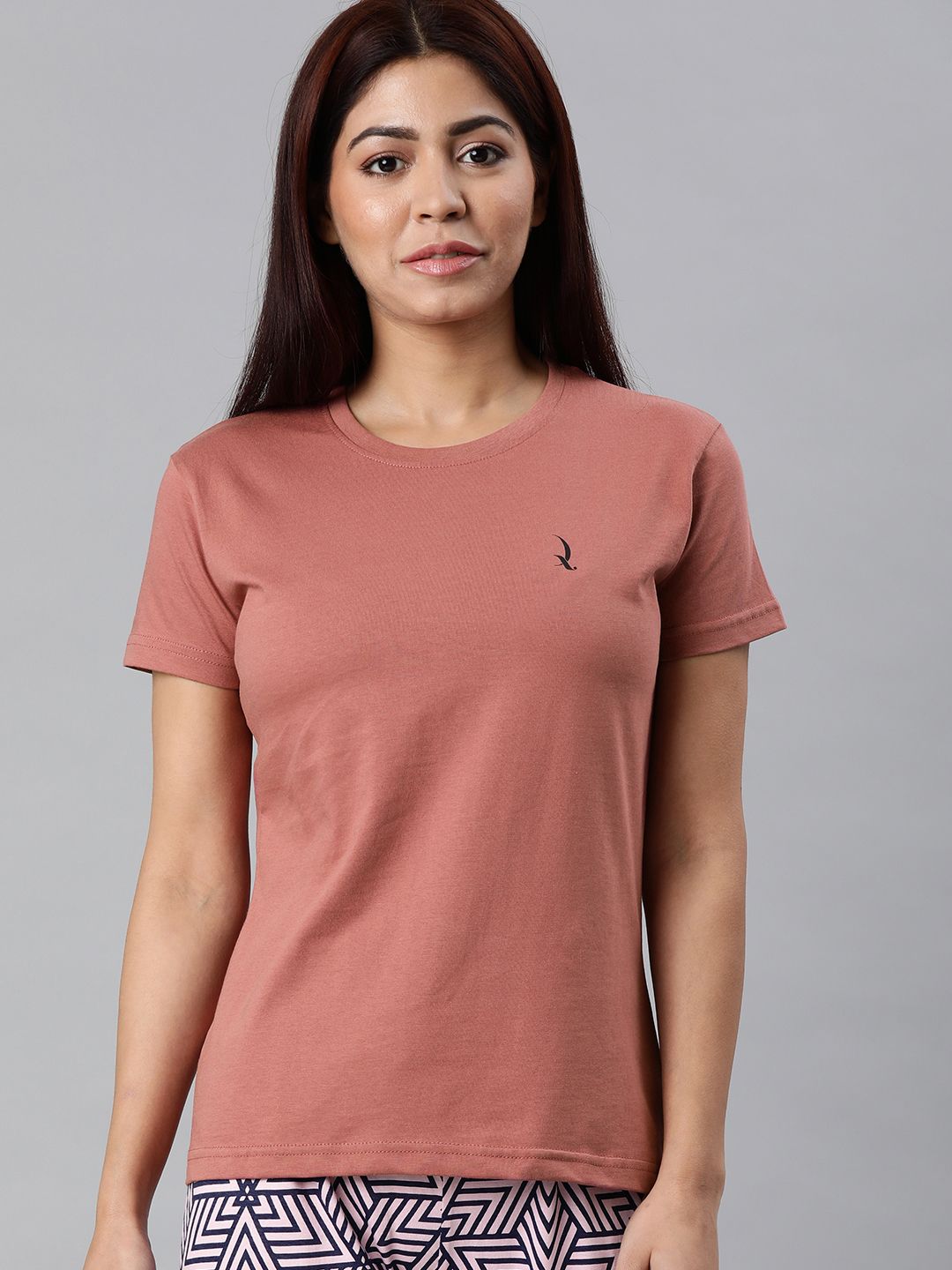 QUARANTINE Women Brown Solid Round Neck Lounge T-shirt Price in India