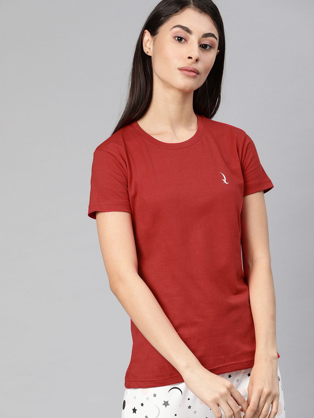 QUARANTINE Women Red Solid Round Neck Lounge T-shirt Price in India