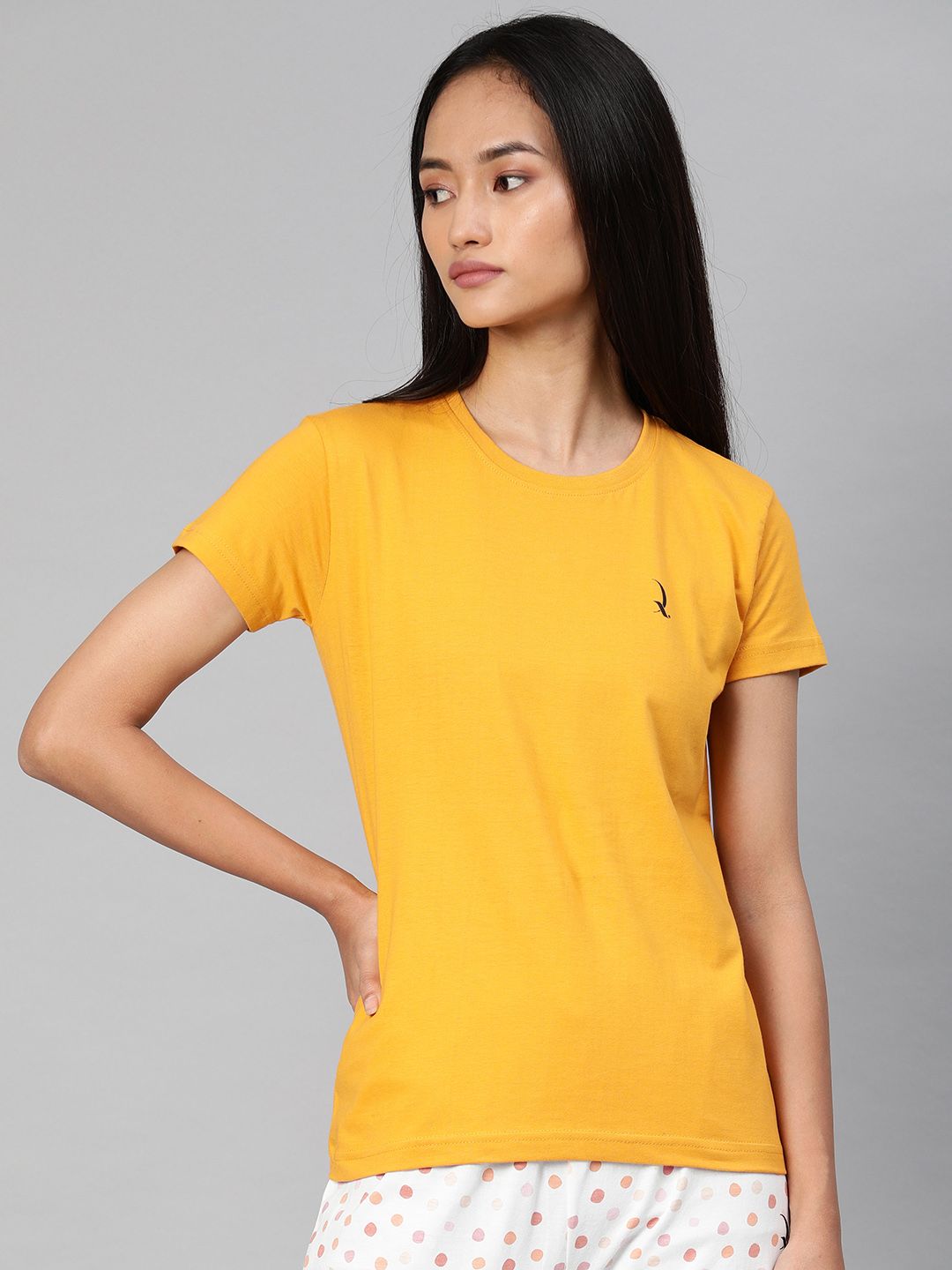 QUARANTINE Women Mustard Yellow Solid Round Neck Lounge T-Shirt Price in India