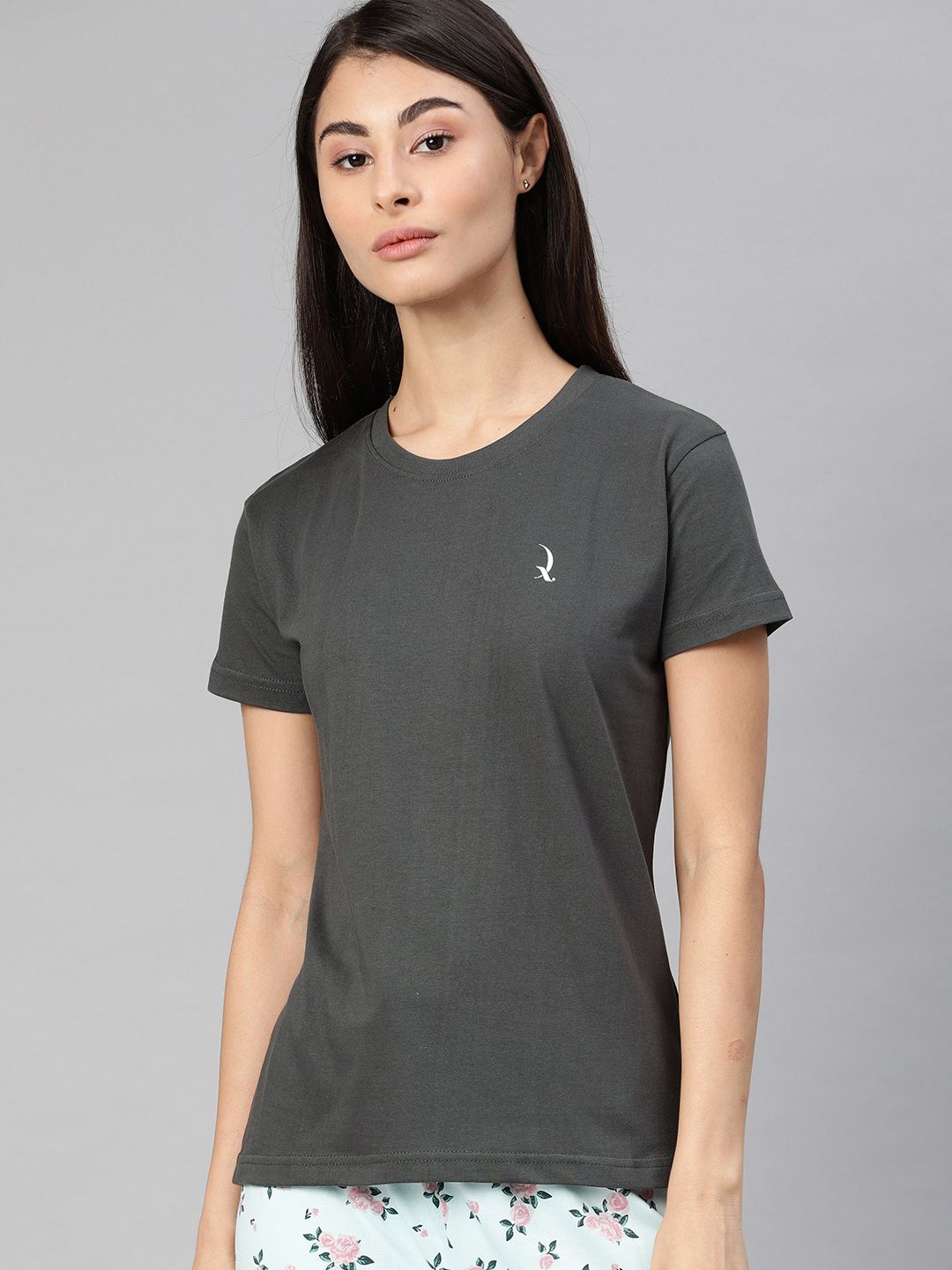 QUARANTINE Women Grey Solid Round Neck Lounge T-shirt Price in India