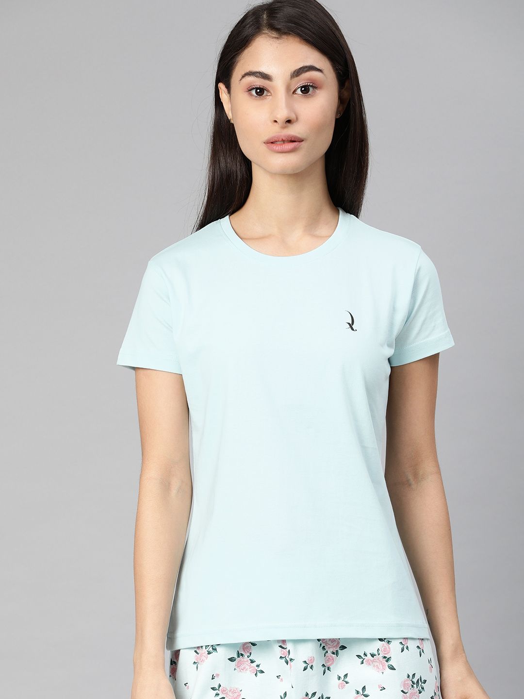 QUARANTINE Women Blue Solid Round Neck Lounge T-Shirt Price in India