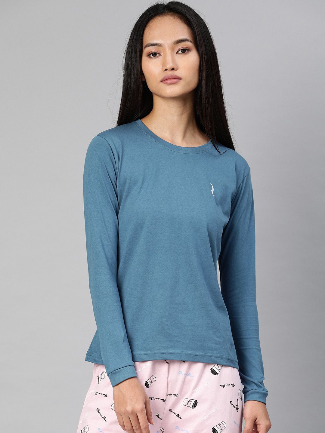 QUARANTINE Women Teal Blue Solid Round Neck Lounge T-shirt Price in India