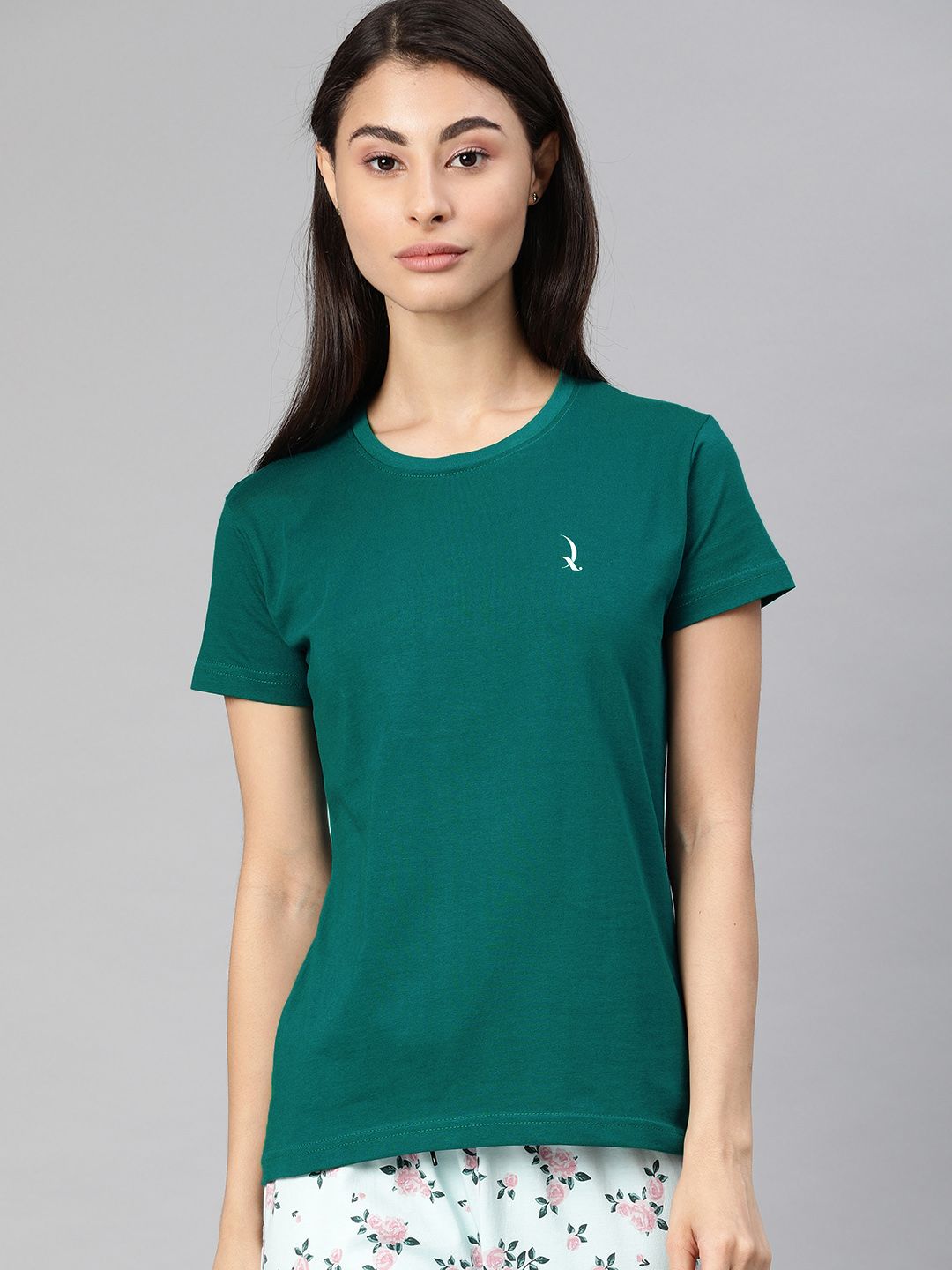 QUARANTINE Women Green Solid Round Neck Lounge T-shirt Price in India