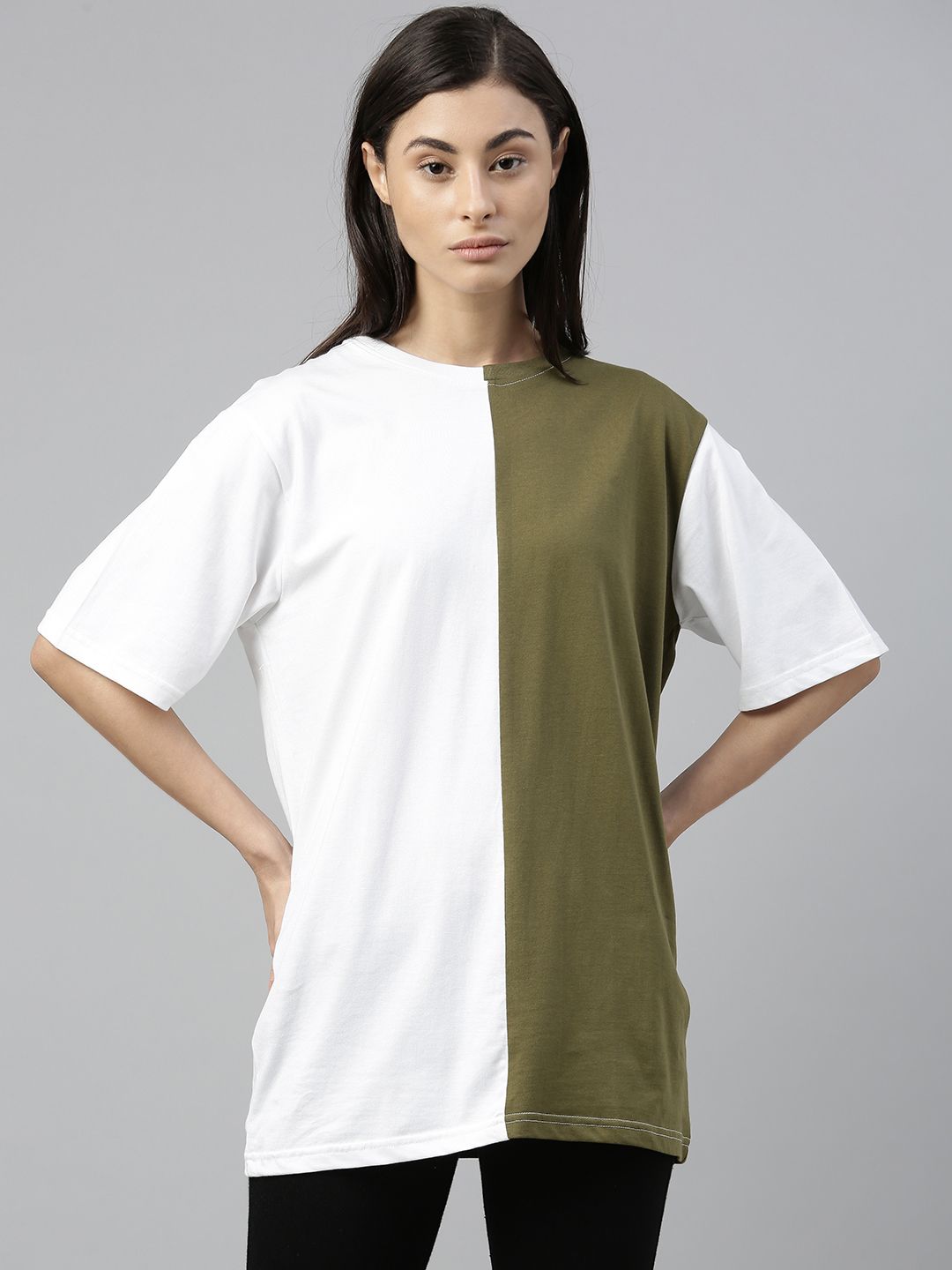 QUARANTINE Women White & Olive Green Colourblocked Round Neck Lounge T-shirt Price in India