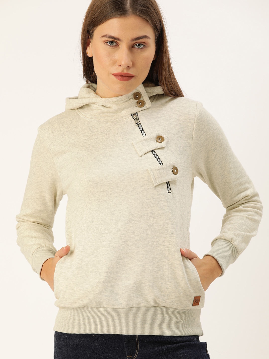Campus Sutra Women Off-White Solid Hooded Sweatshirt Price in India