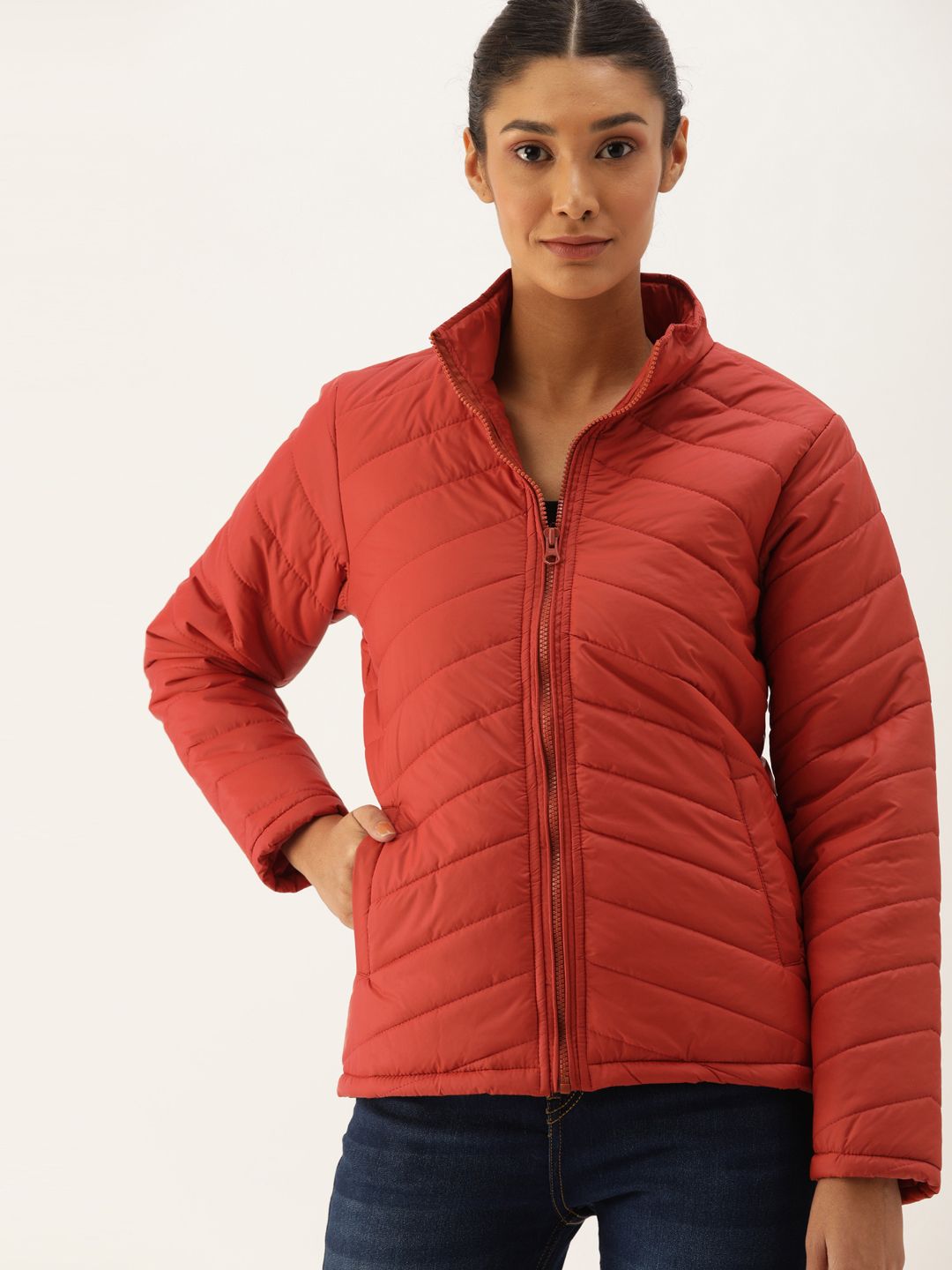 Campus Sutra Women Coral Red Solid Windcheater Quilted Jacket Price in India