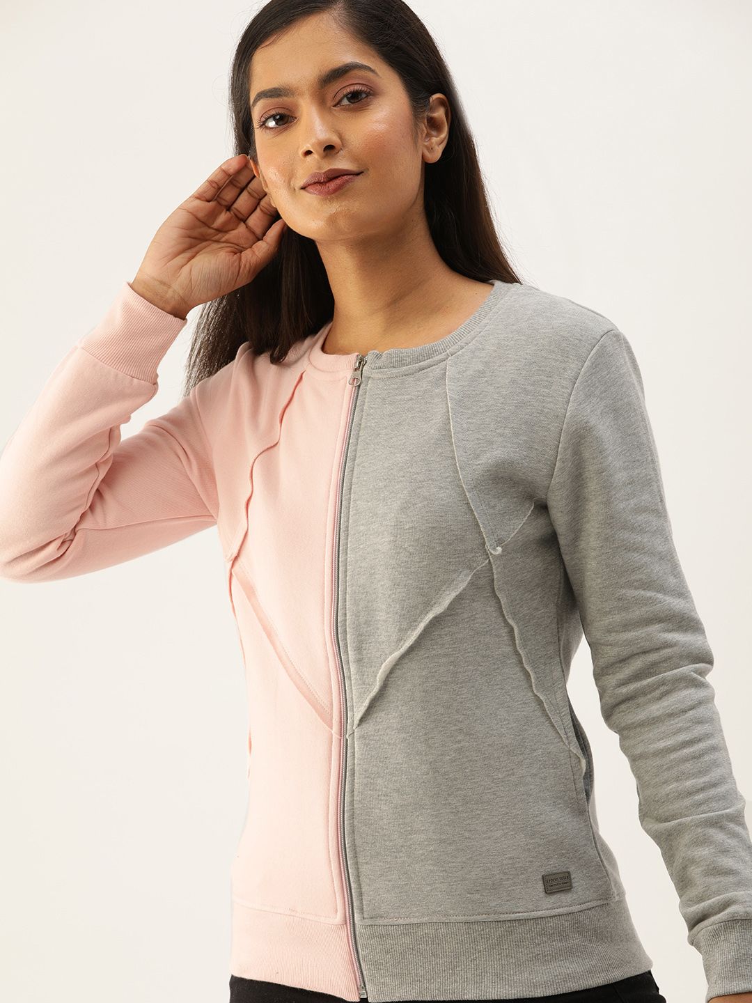 Campus Sutra Women Pink & Grey Colourblocked Sweatshirt Price in India