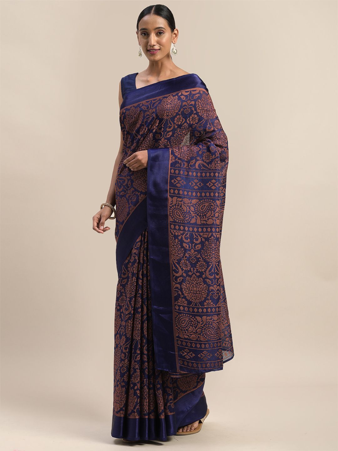 Mirchi Fashion Blue & Brown Brasso Woven Design Saree