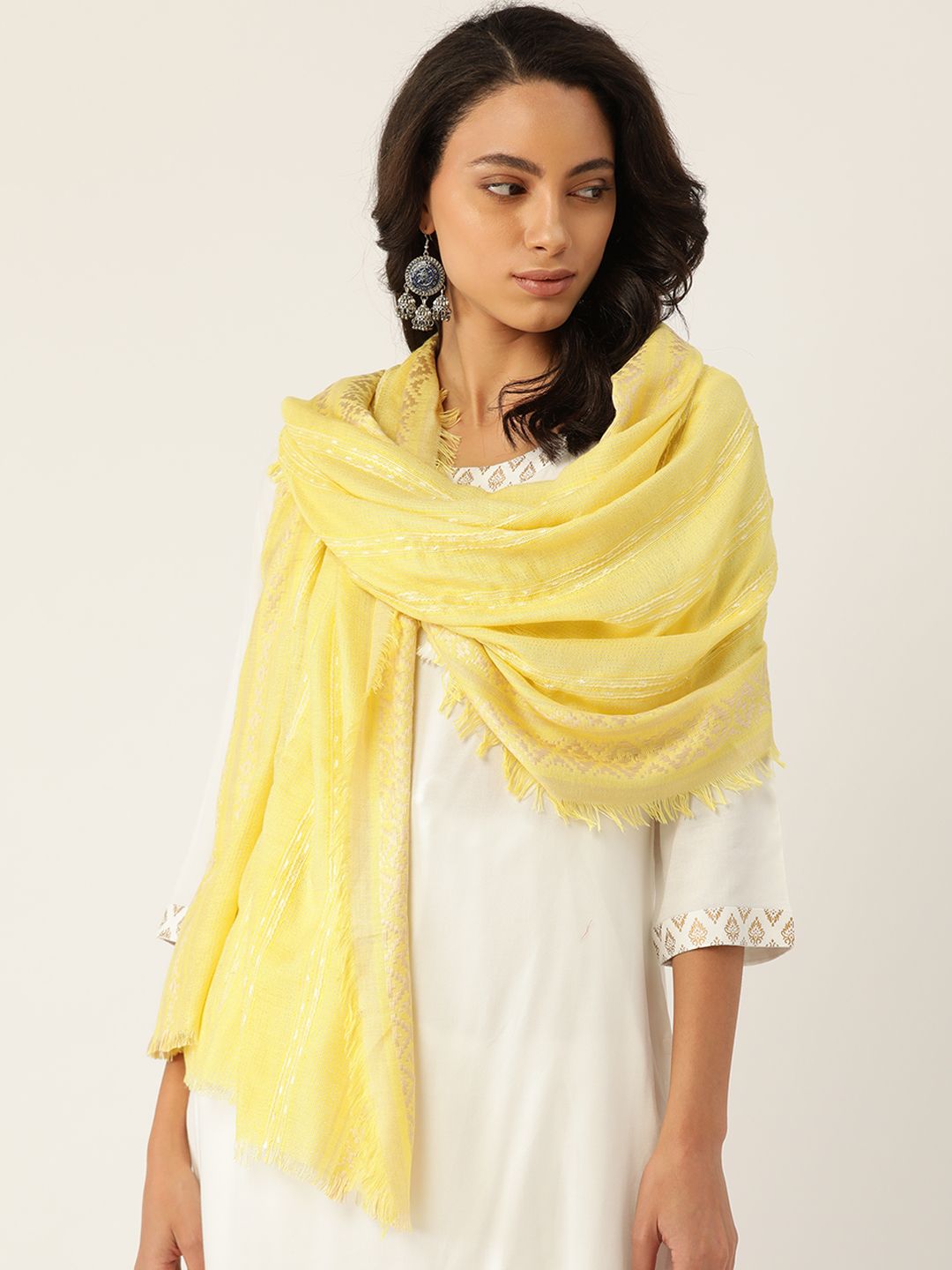 Anekaant Women Yellow Self-Striped Stole Price in India