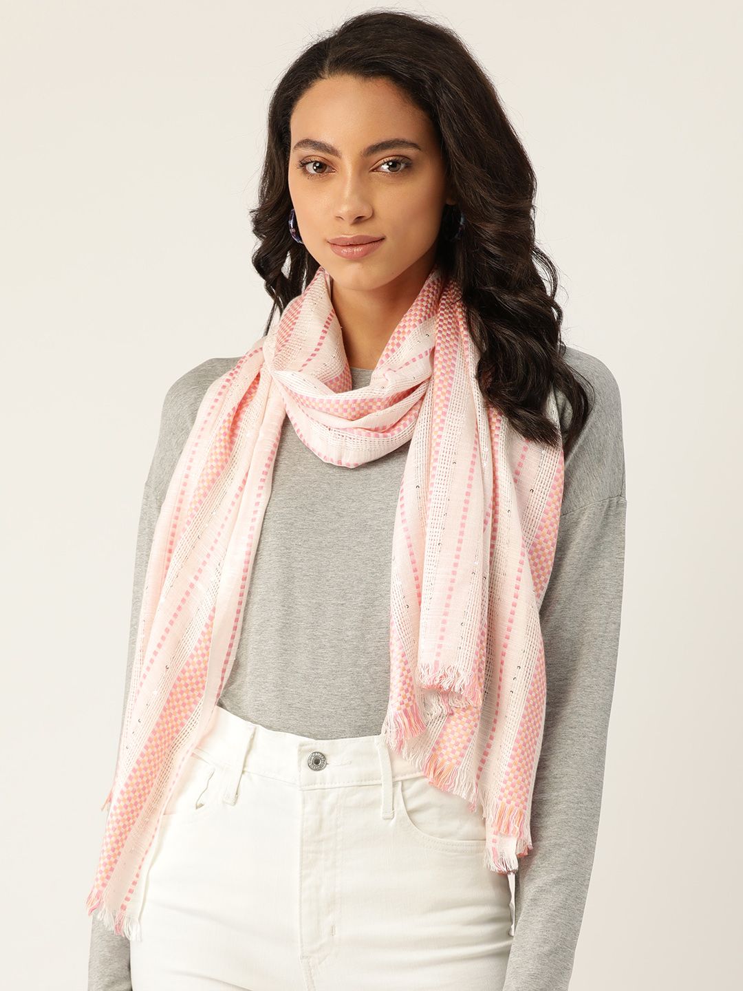 Anekaant Women White & Pink Self-Striped Stole Price in India