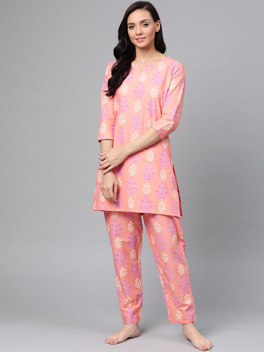 Anubhutee Women Peach-Coloured & Purple Printed Cotton Night suit Price in India