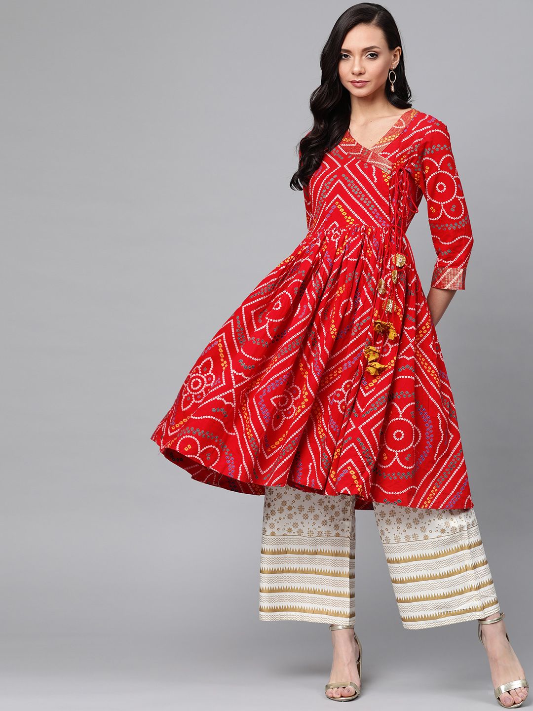 Anubhutee Women Red & Off-White Bandhani Print Kurta with Palazzos Price in India