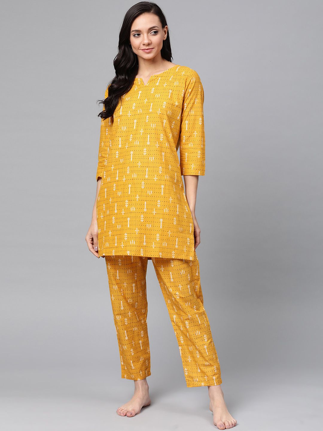 Anubhutee Women Mustard Yellow & Black Pure Cotton Printed Night suit Price in India