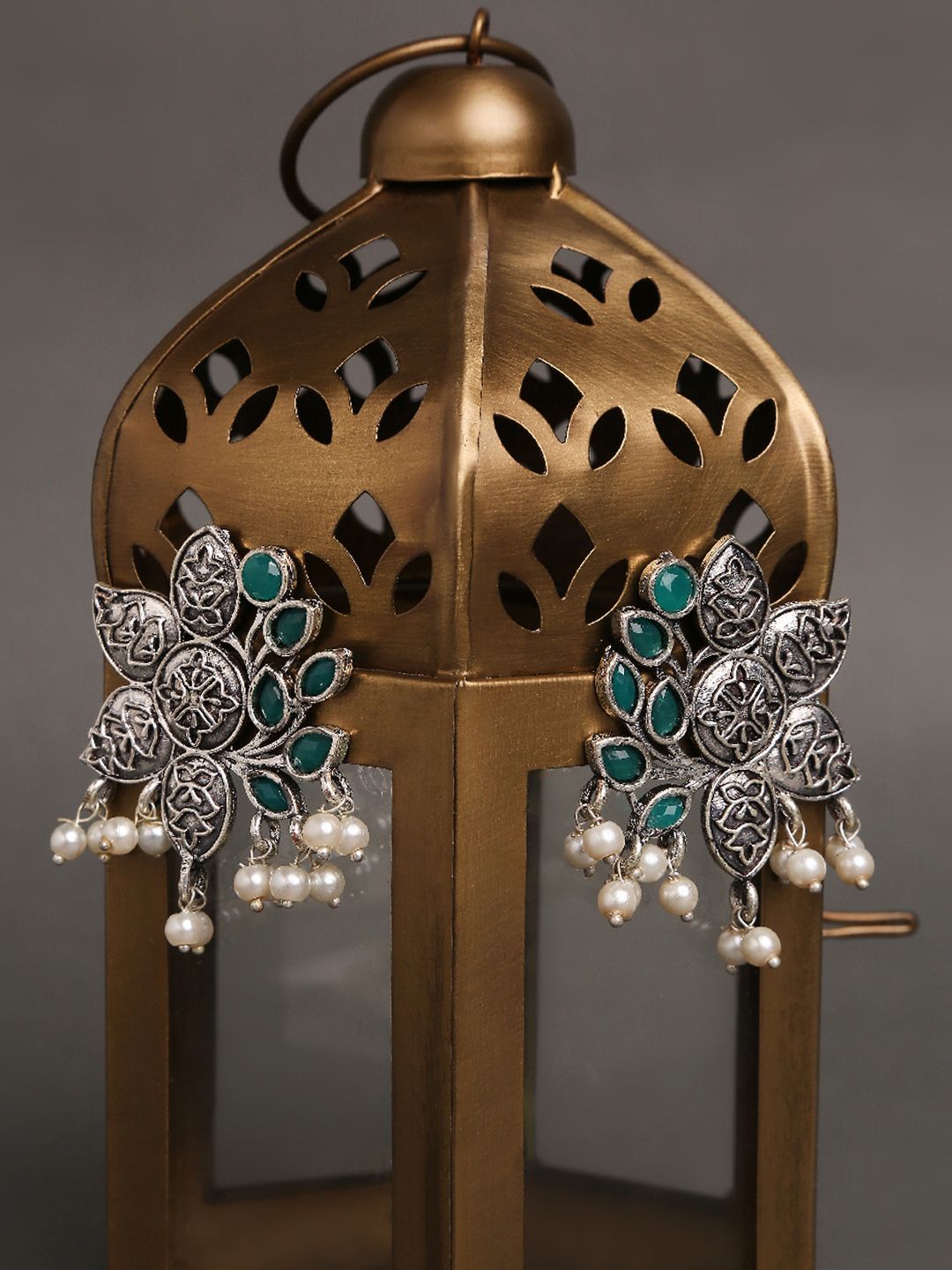 OOMPH Silver-Toned & Green Oxidised  Floral Drop Earrings Price in India