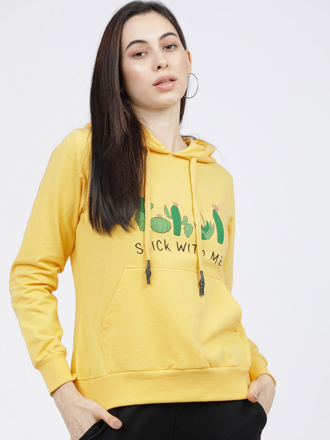 Tokyo Talkies Women Yellow & Green Printed Hooded Sweatshirt Price in India