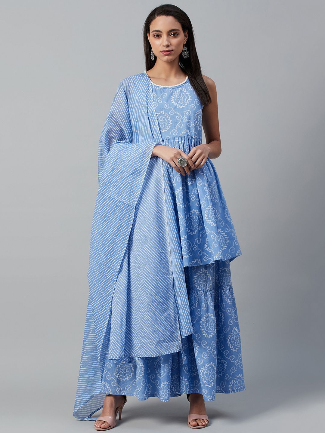 Yuris Women Blue & White Bandhani Printed Pure Cotton Kurta with Sharara & Dupatta Price in India