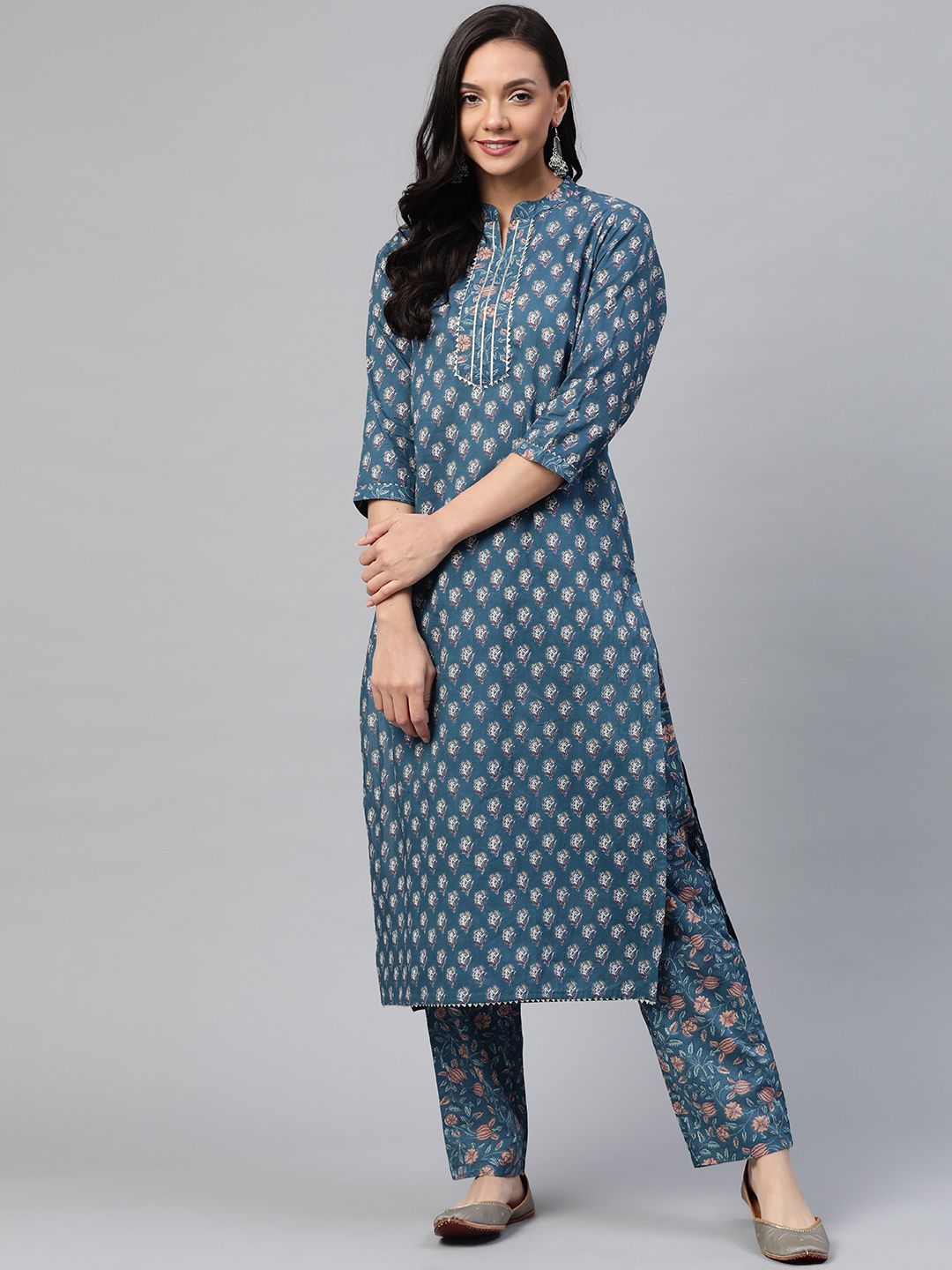 Yuris Women Blue & Pink Printed Kurta with Palazzos Price in India