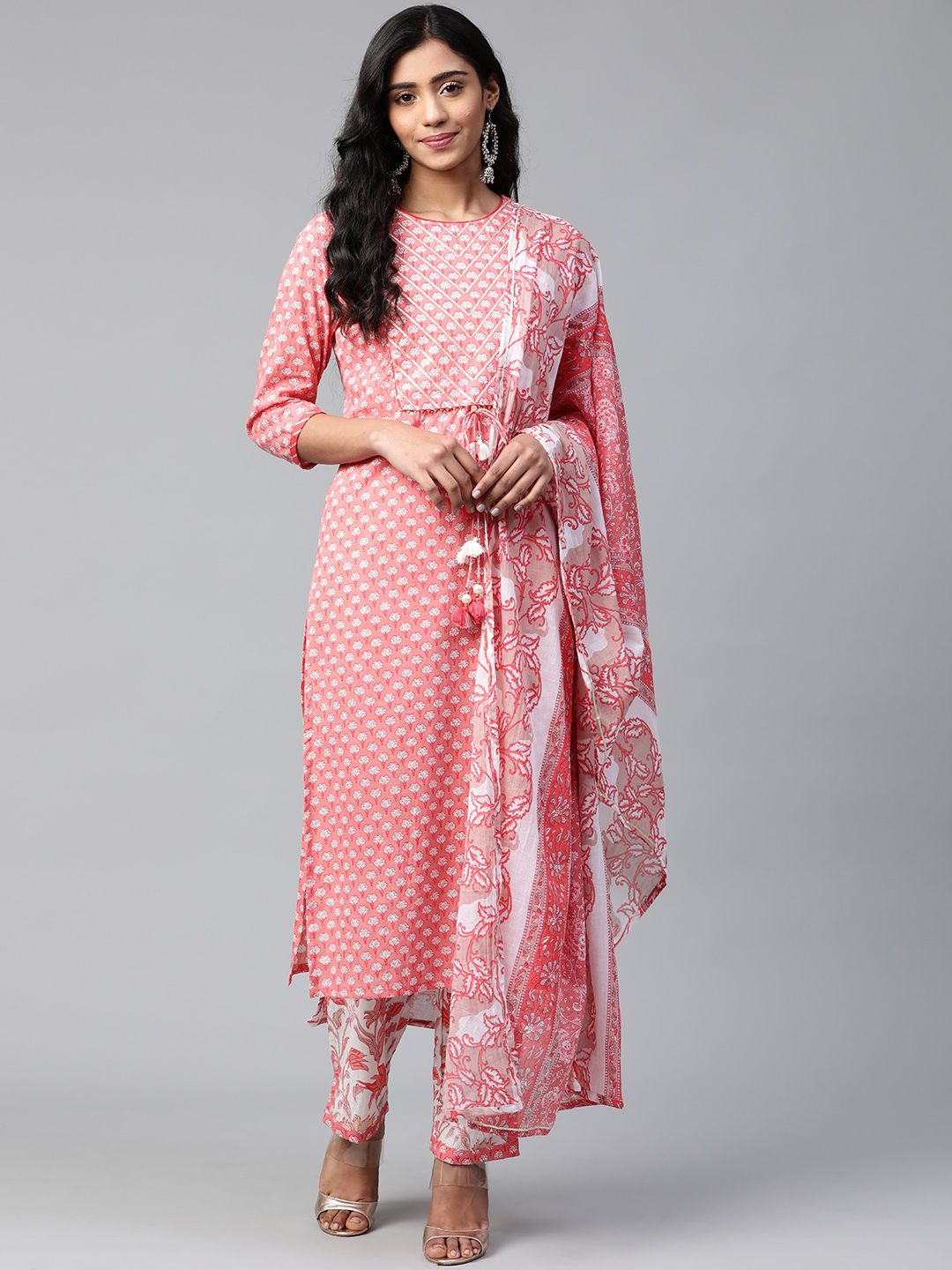 Yuris Women Pink & White Printed Pure Cotton Kurta with Trousers & Dupatta Price in India