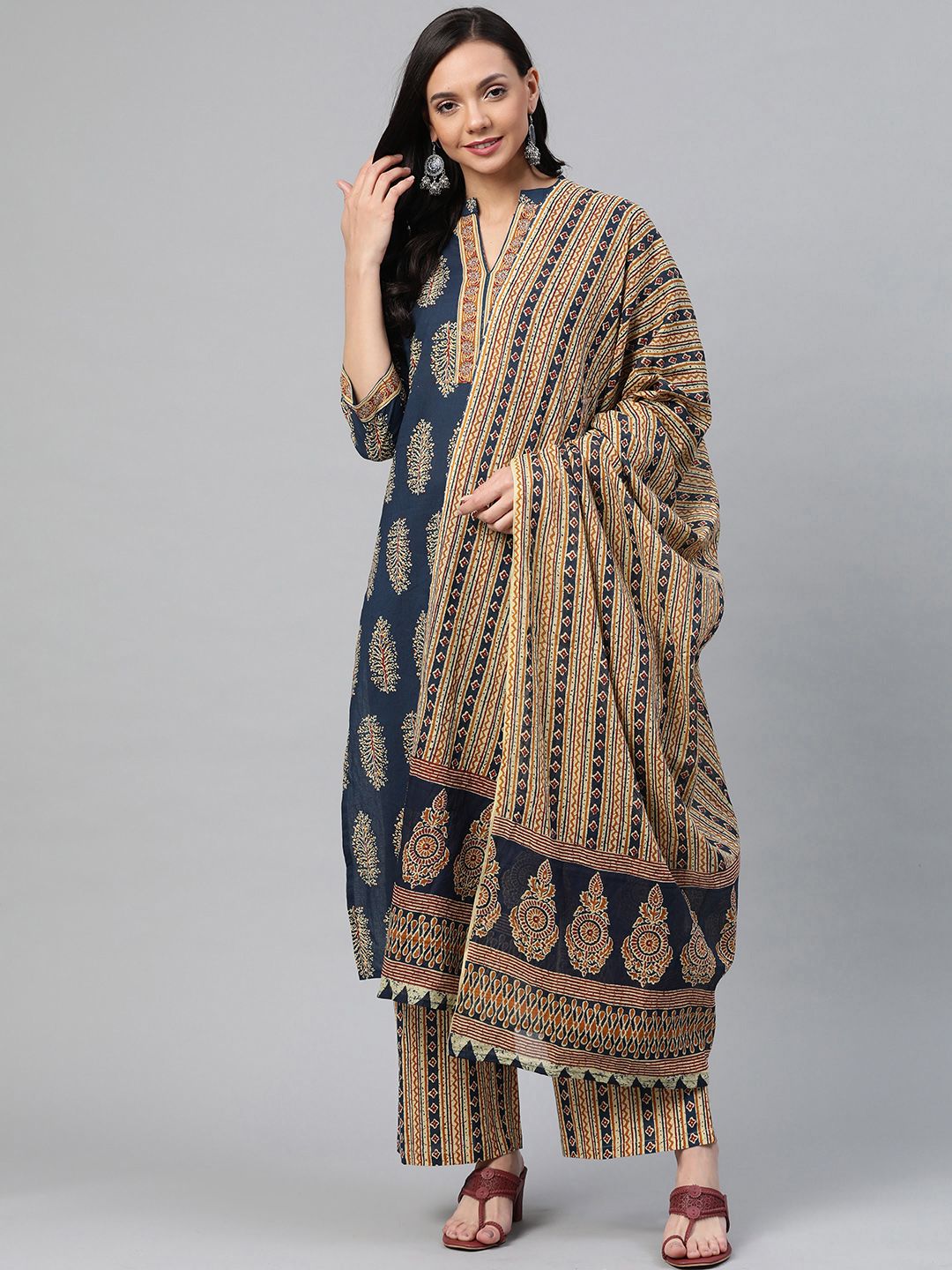 Yuris Women Navy Blue & Beige Printed Kurta with Palazzos & Dupatta Price in India