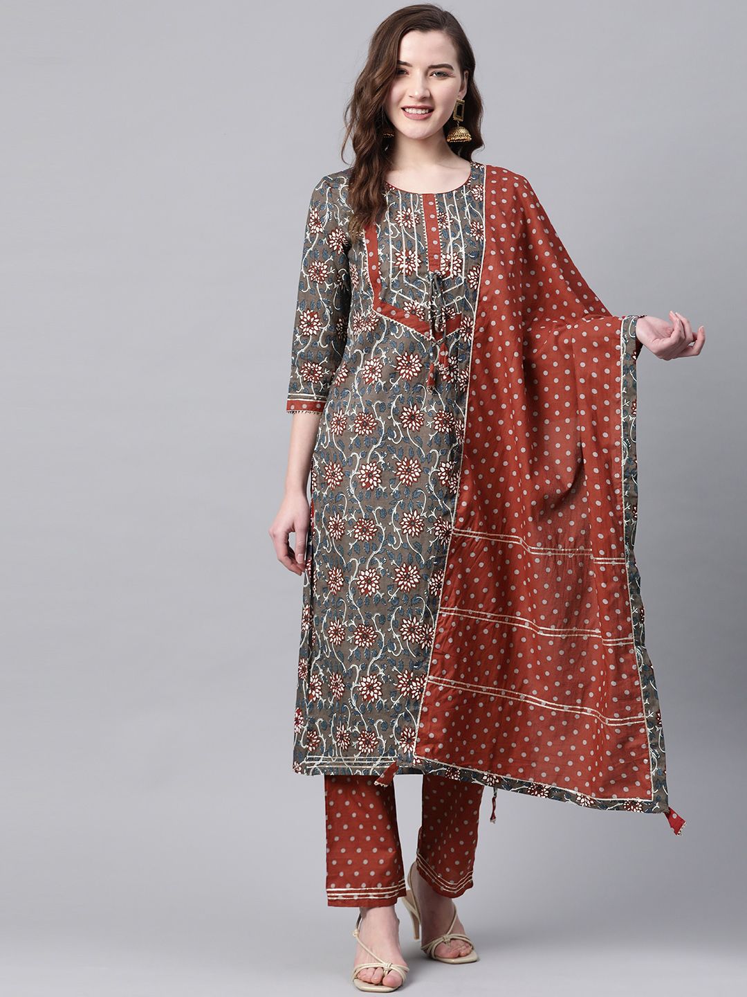 Yuris Women Taupe & Rust Printed Kurta with Palazzos & Dupatta Price in India