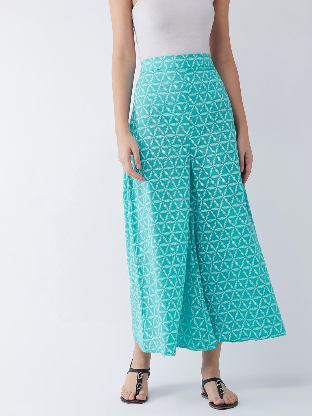 InWeave Women Turquoise Blue & Off-White Printed Straight Palazzos Price in India