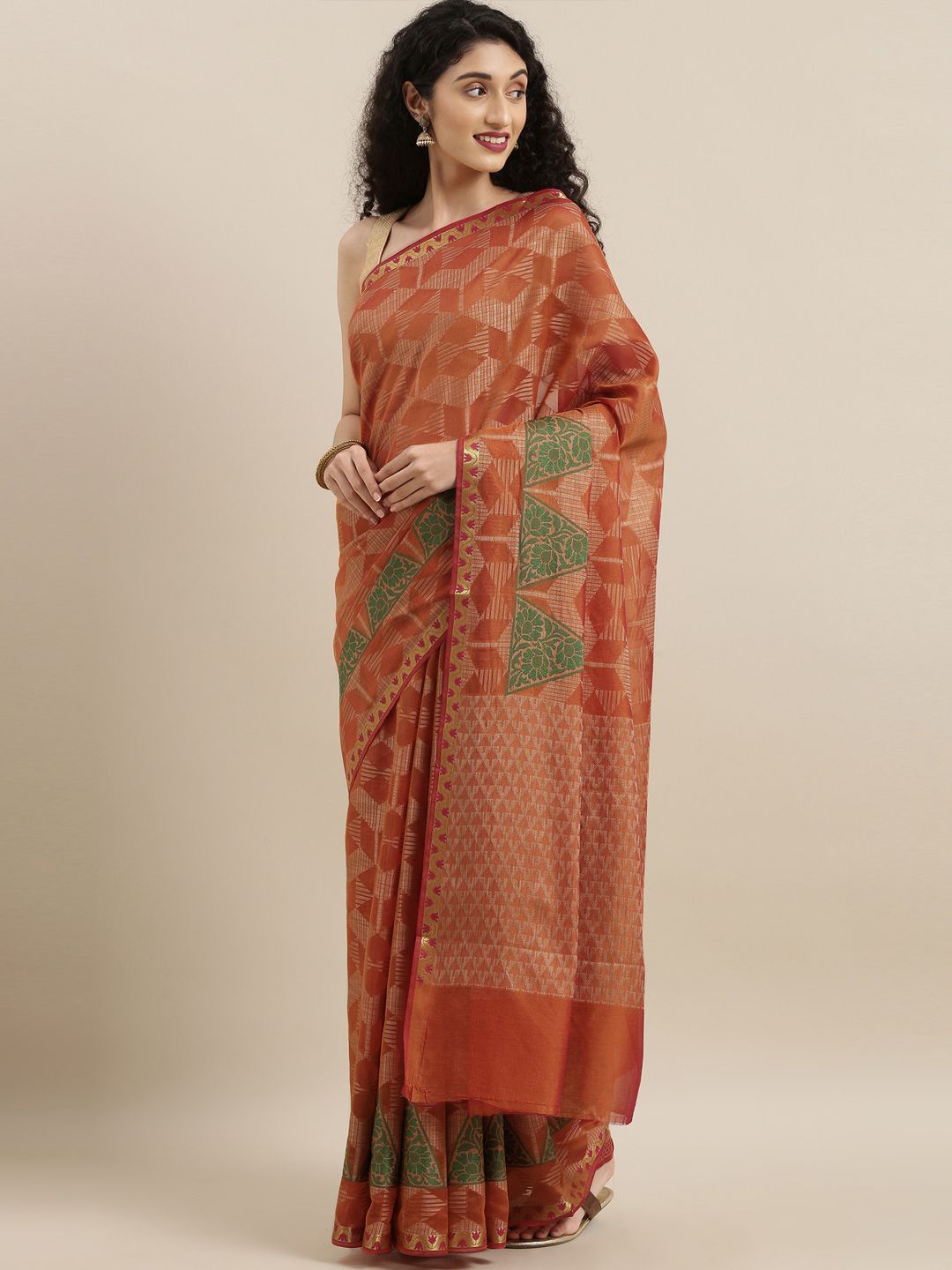 The Chennai Silks Brown & Green Organza Woven Design Saree