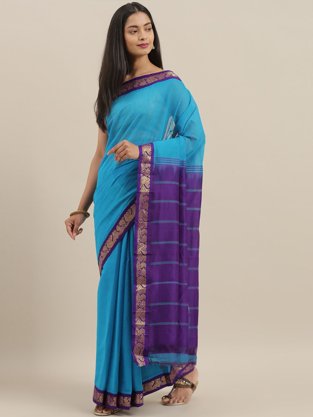 The Chennai Silks Blue & Purple Pure Cotton Striped Gadwal Saree