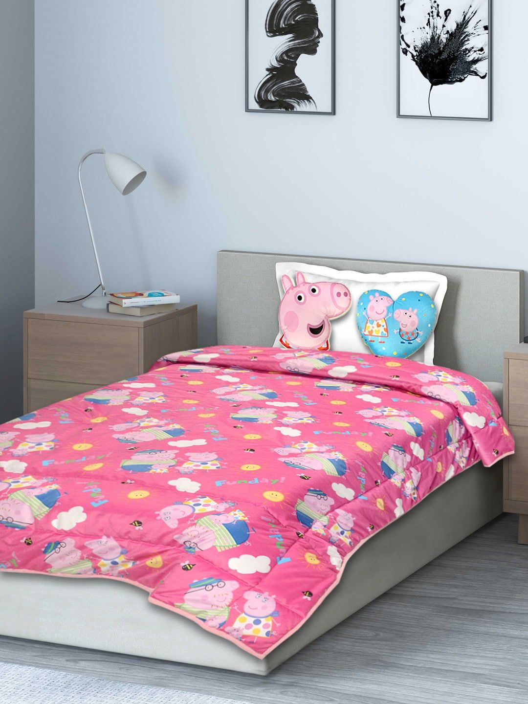 Saral Home Pink Cartoon Characters Mild Winter 210 GSM Single Bed Quilt with 2 Cushions Price in India