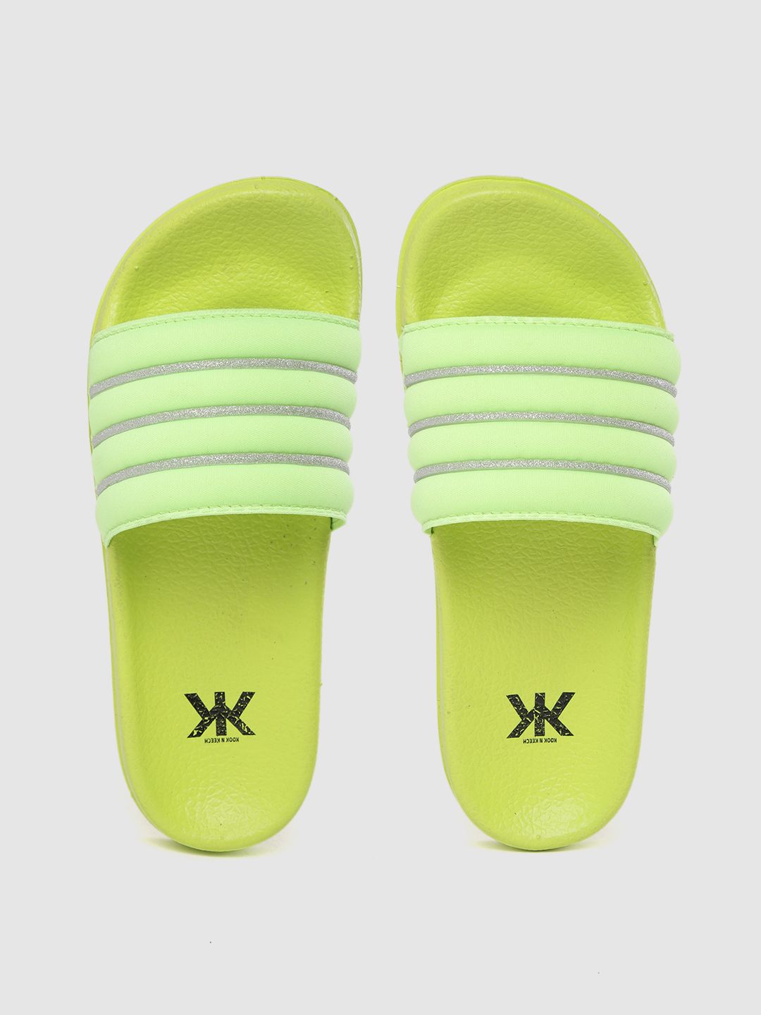 Kook N Keech Women Fluorescent Green & Silver-Toned Striped Quilted Sliders Price in India