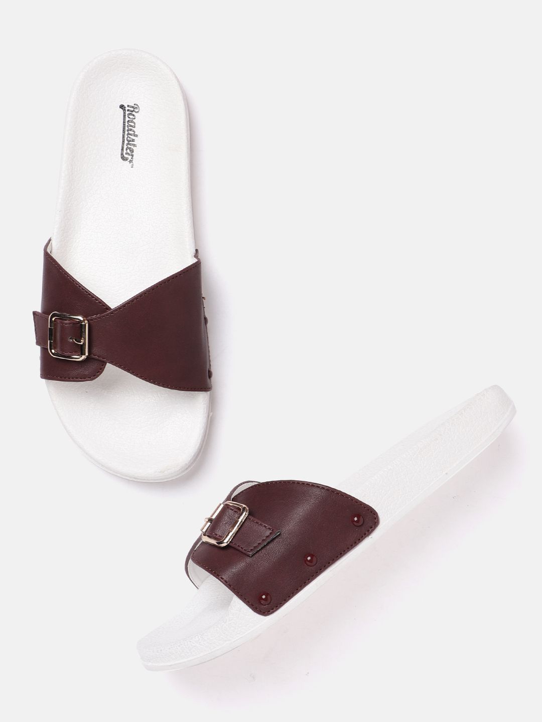 The Roadster Lifestyle Co Women Maroon & White Solid Sliders with Buckle Detail Price in India