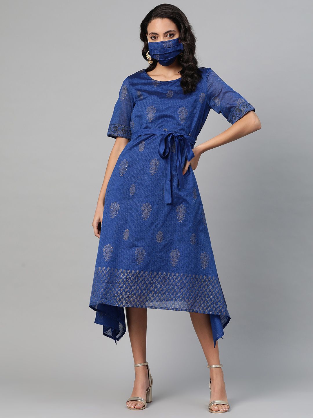 Fabindia Women Blue & Golden Printed A-Line High-Low Dress & Mask