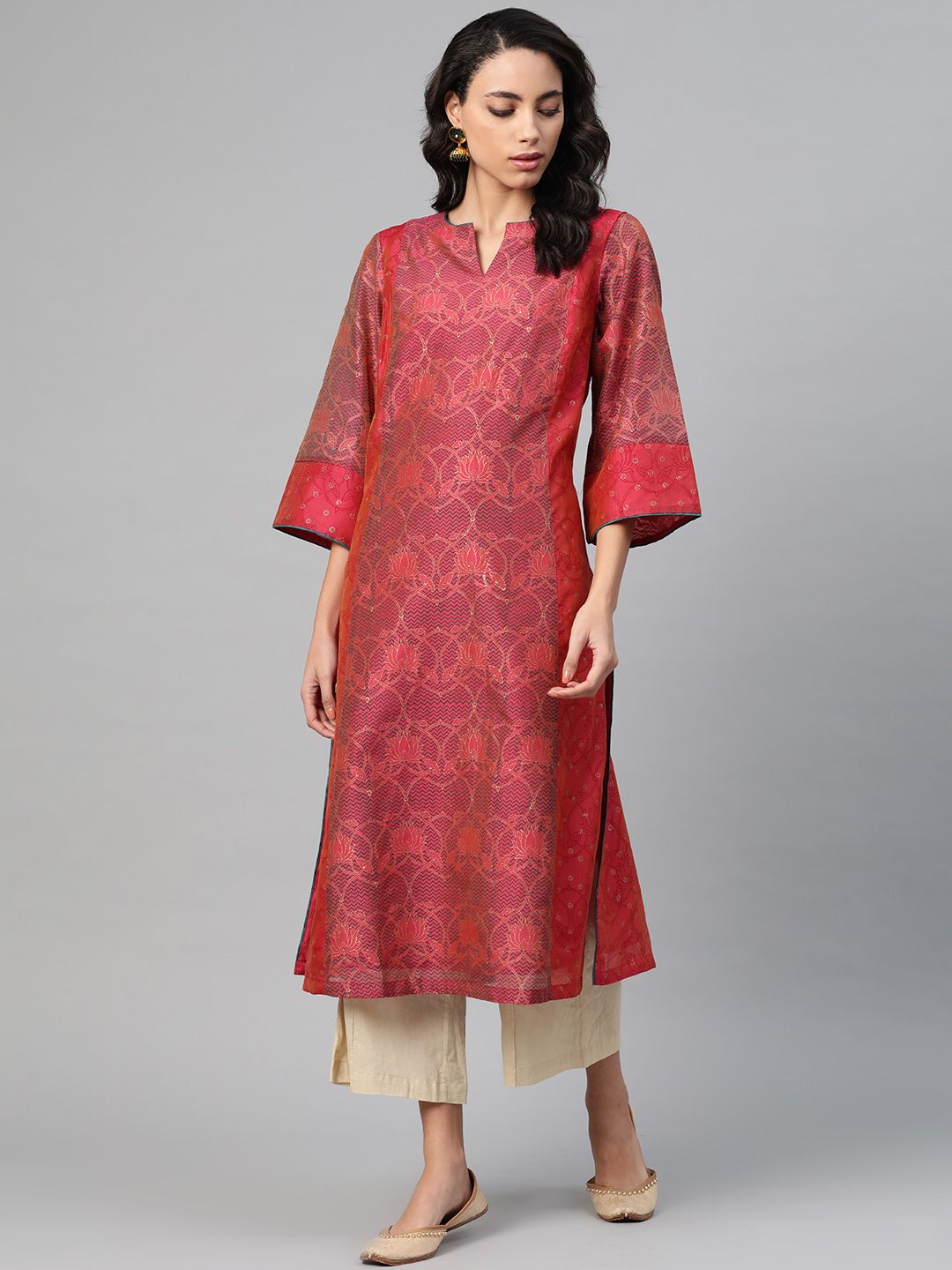 Fabindia Women Pink & Golden Printed A-Line Kurta