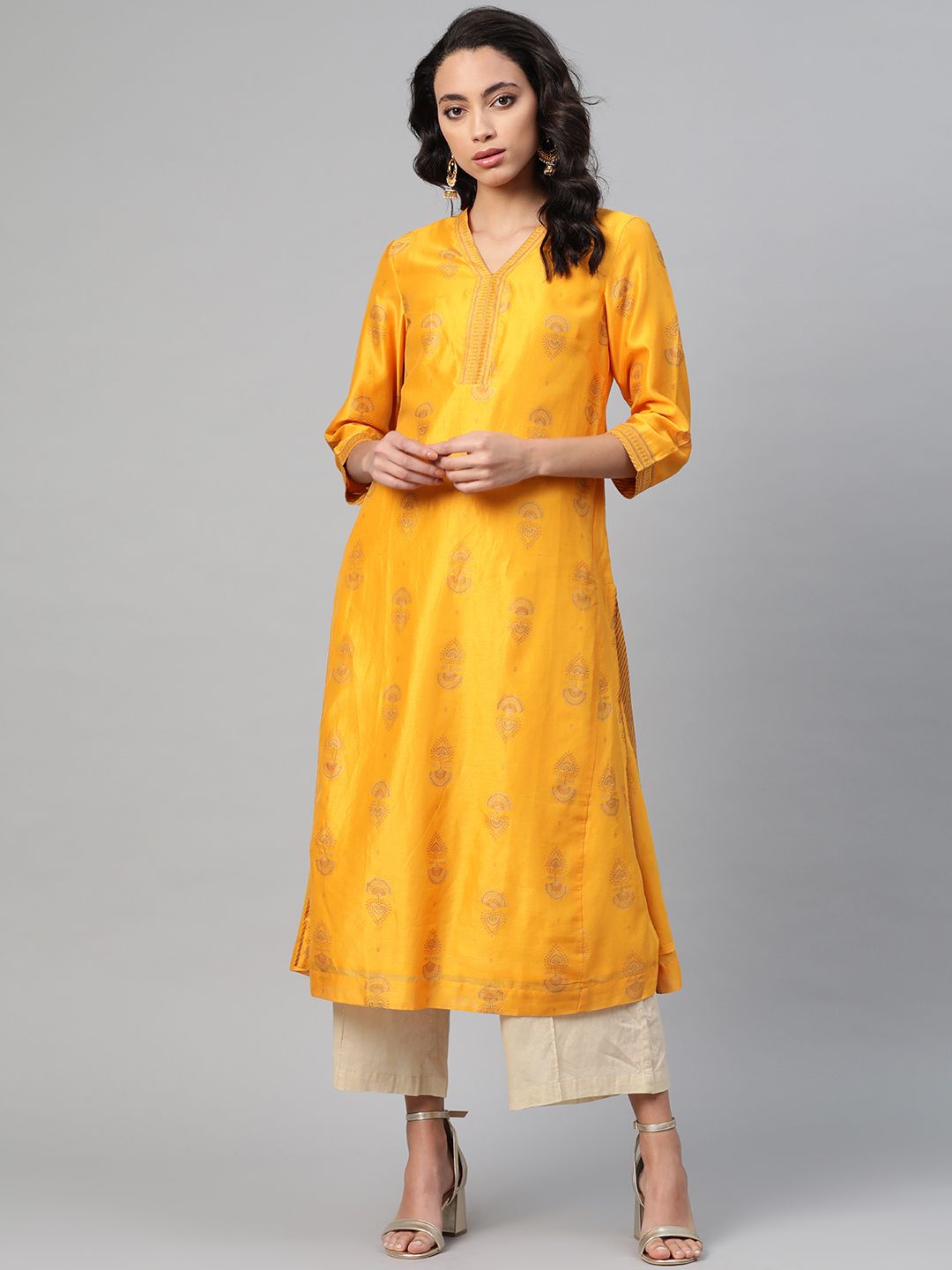 Fabindia Women Yellow & Golden Printed Straight Kurta