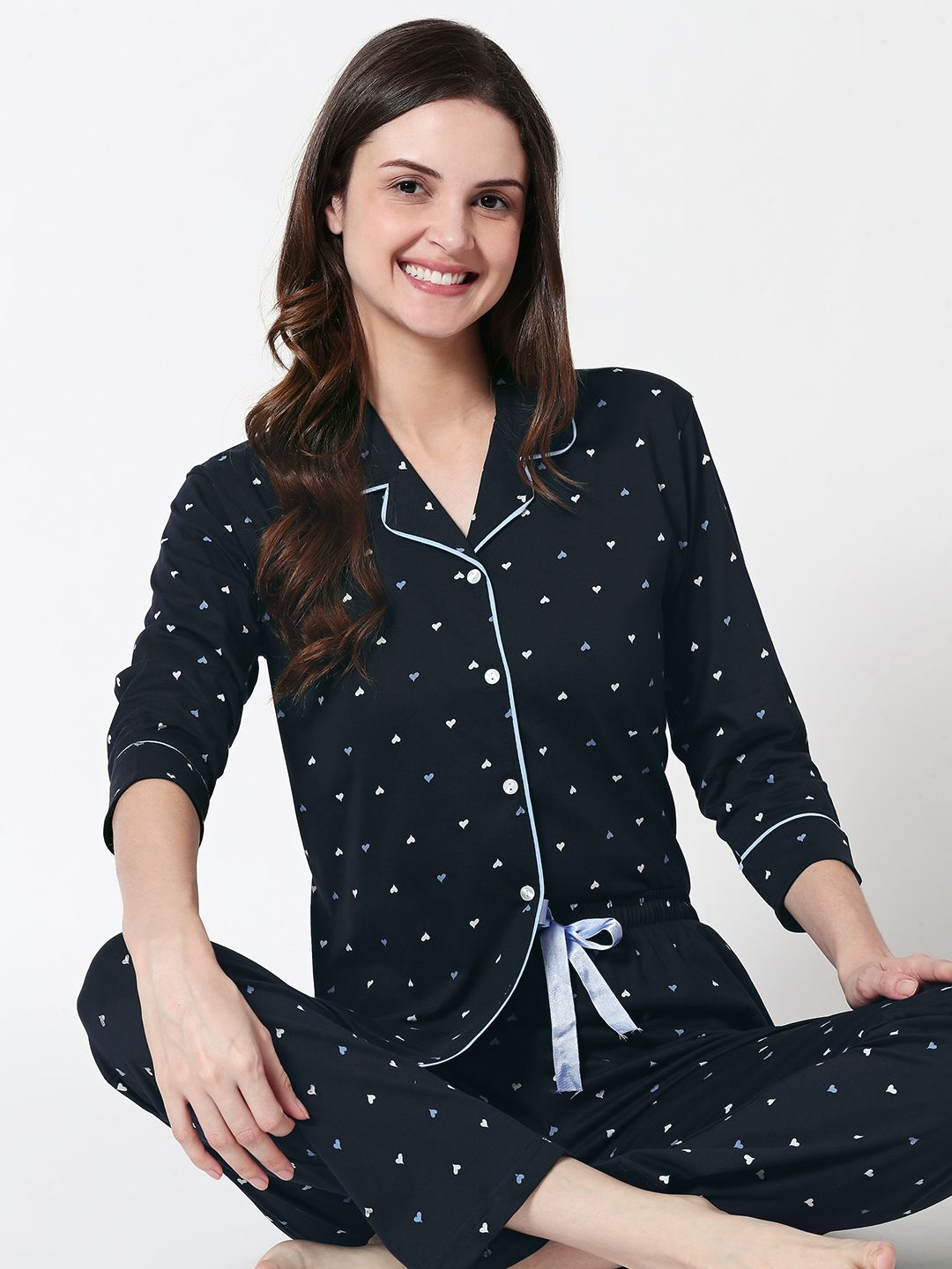 Zeyo Women Navy Blue Heart Printed Night suit Price in India