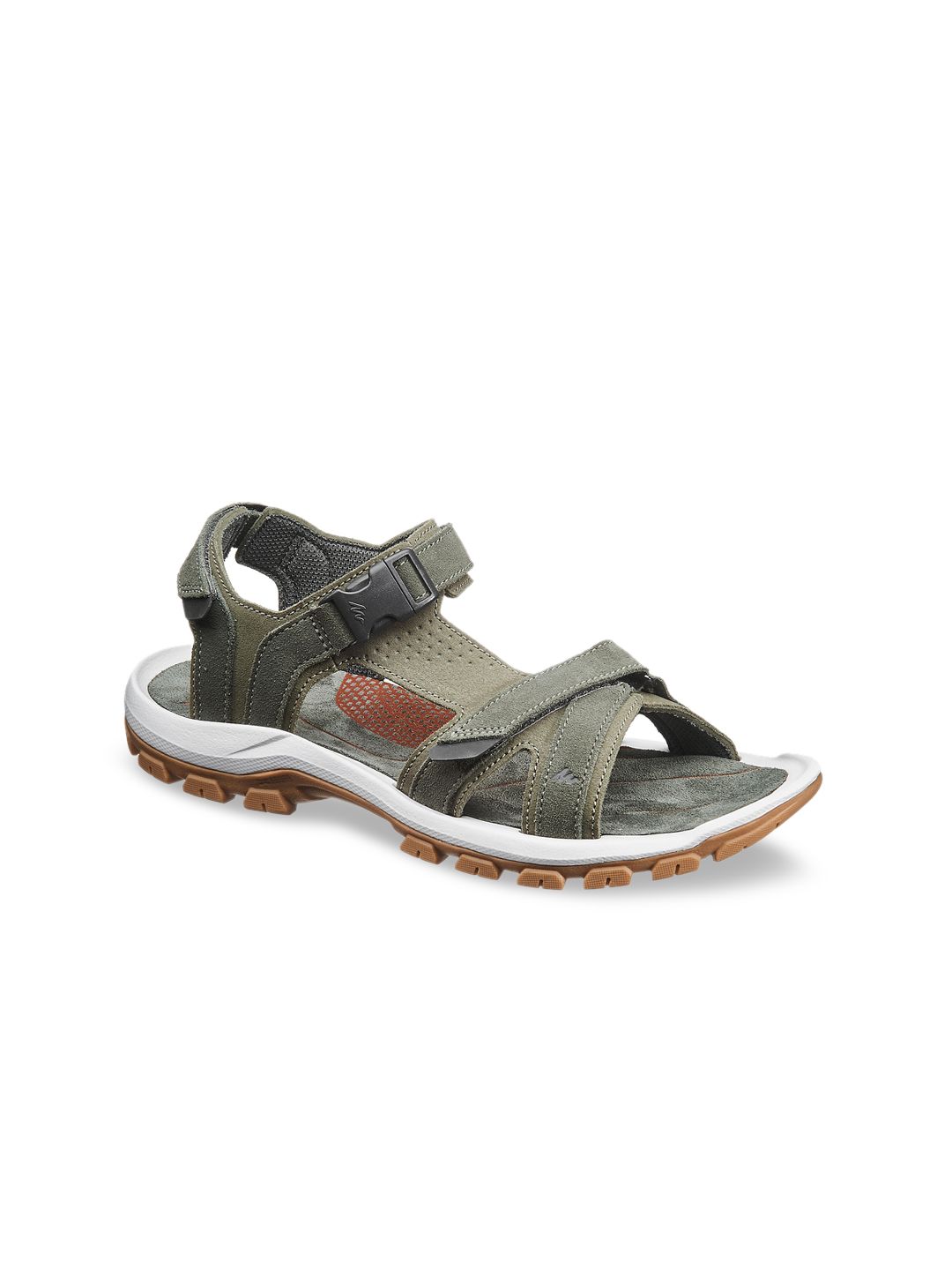 Quechua By Decathlon Men Olive Green & Grey Colourblocked Leather Sports Sandals NH120