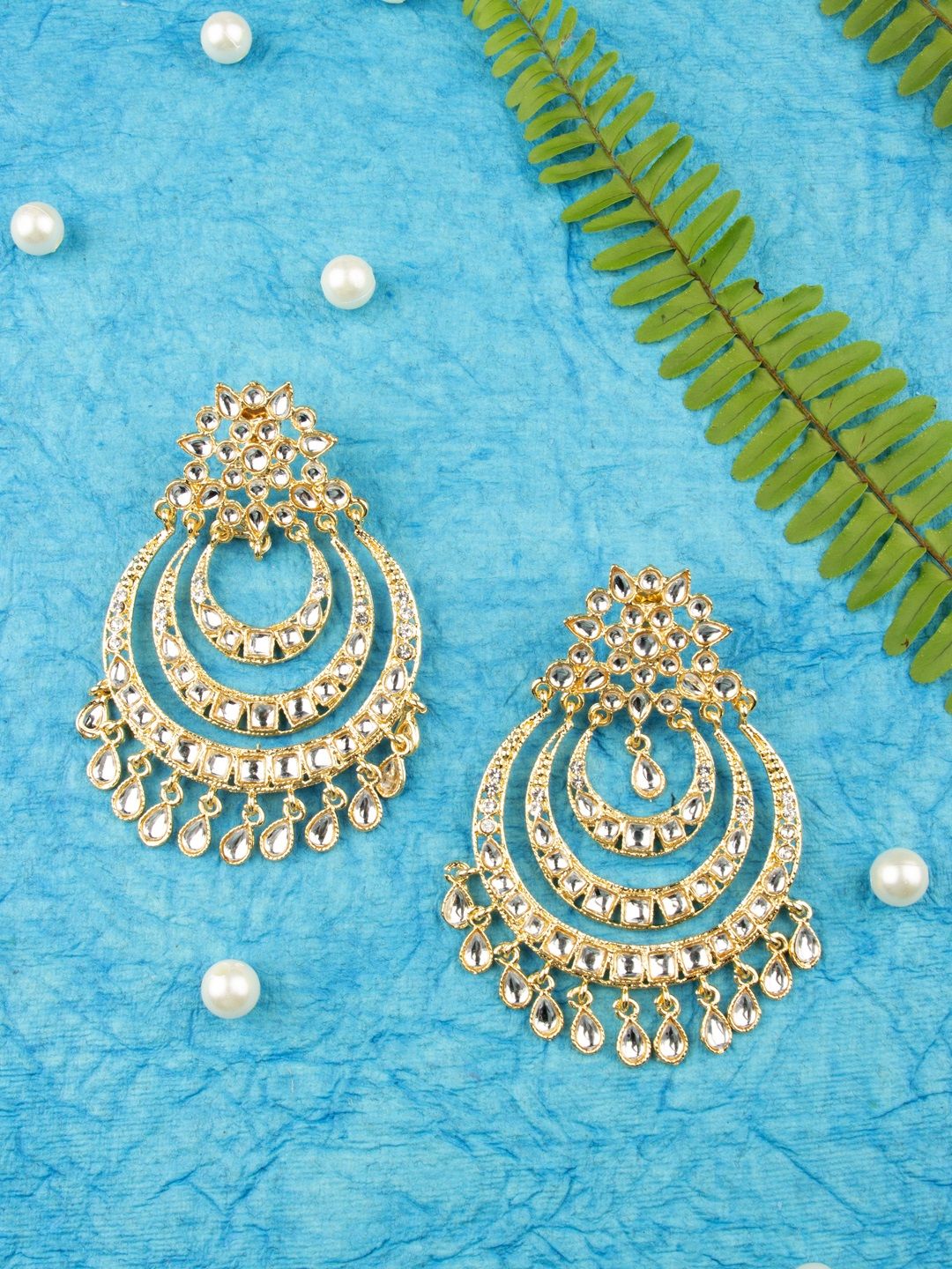 AccessHer Gold-Toned Brass-Plated Kundan Crescent Shaped Chandbalis Price in India