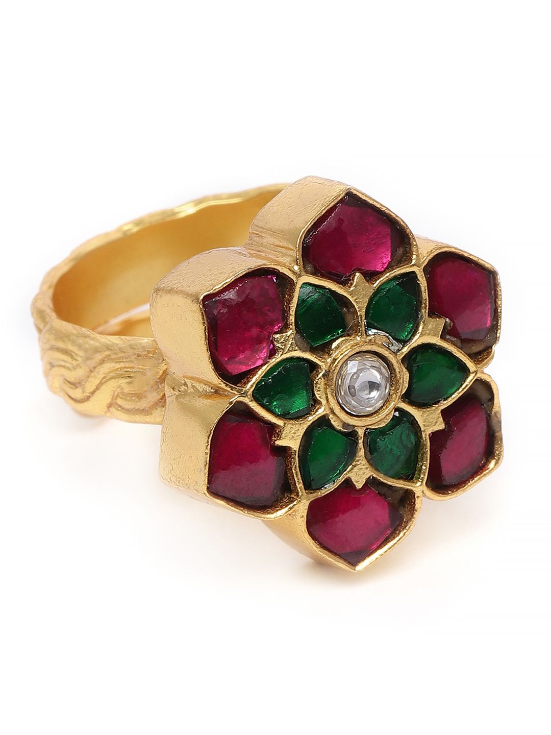 AccessHer Women Gold Plated & Pink Handcrafted Jadau Kundan Adjustable Finger Ring Price in India