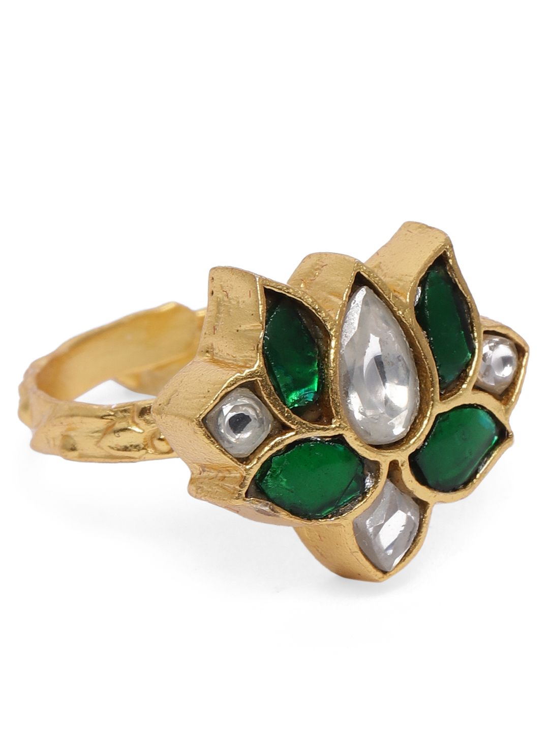 AccessHer Women Gold Plated & Green Handcrafted Jadau Kundan Adjustable Finger Ring Price in India