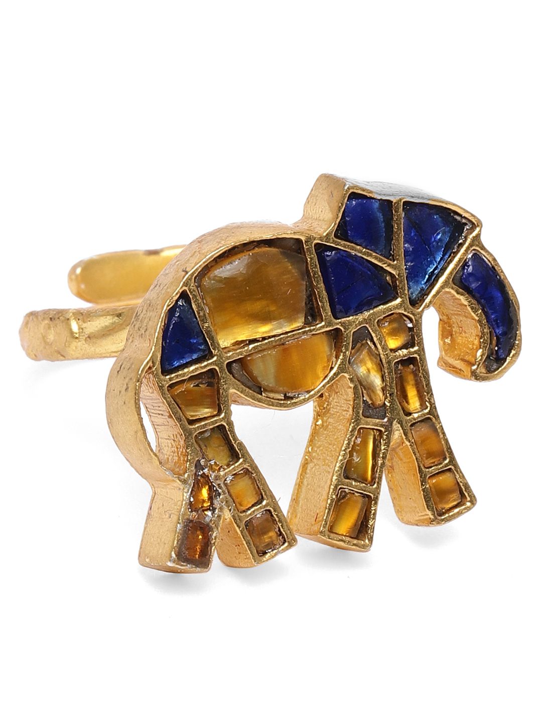 AccessHer Women Gold Plated & Blue Handcrafted Jadau Kundan Adjustable Finger Ring Price in India